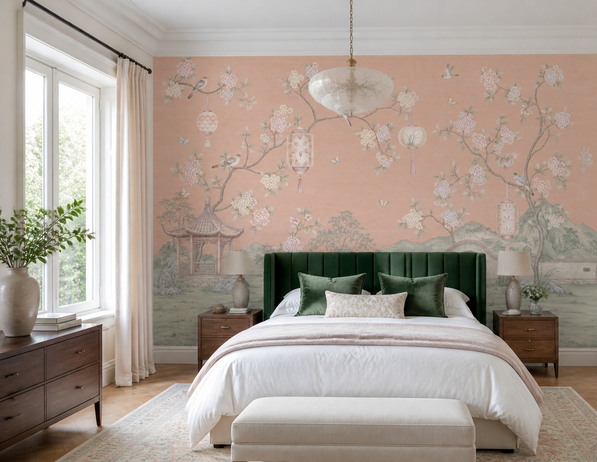 Muted Green Wallpaper Chinoiserie Removable Watercolor Wall Decor