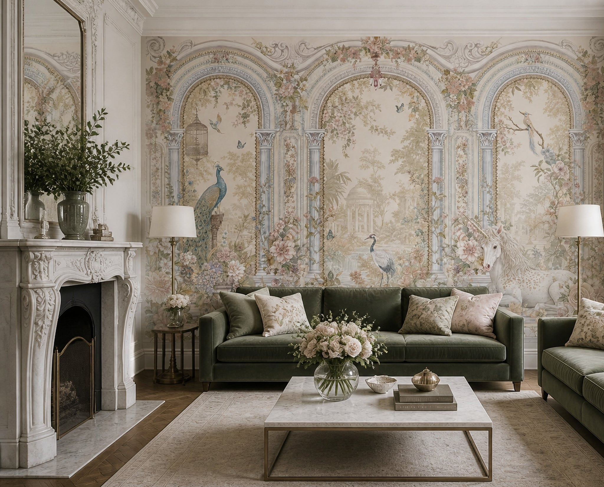 Muted Green Wallpaper Romantic Chinoiserie Removable Wall Decor