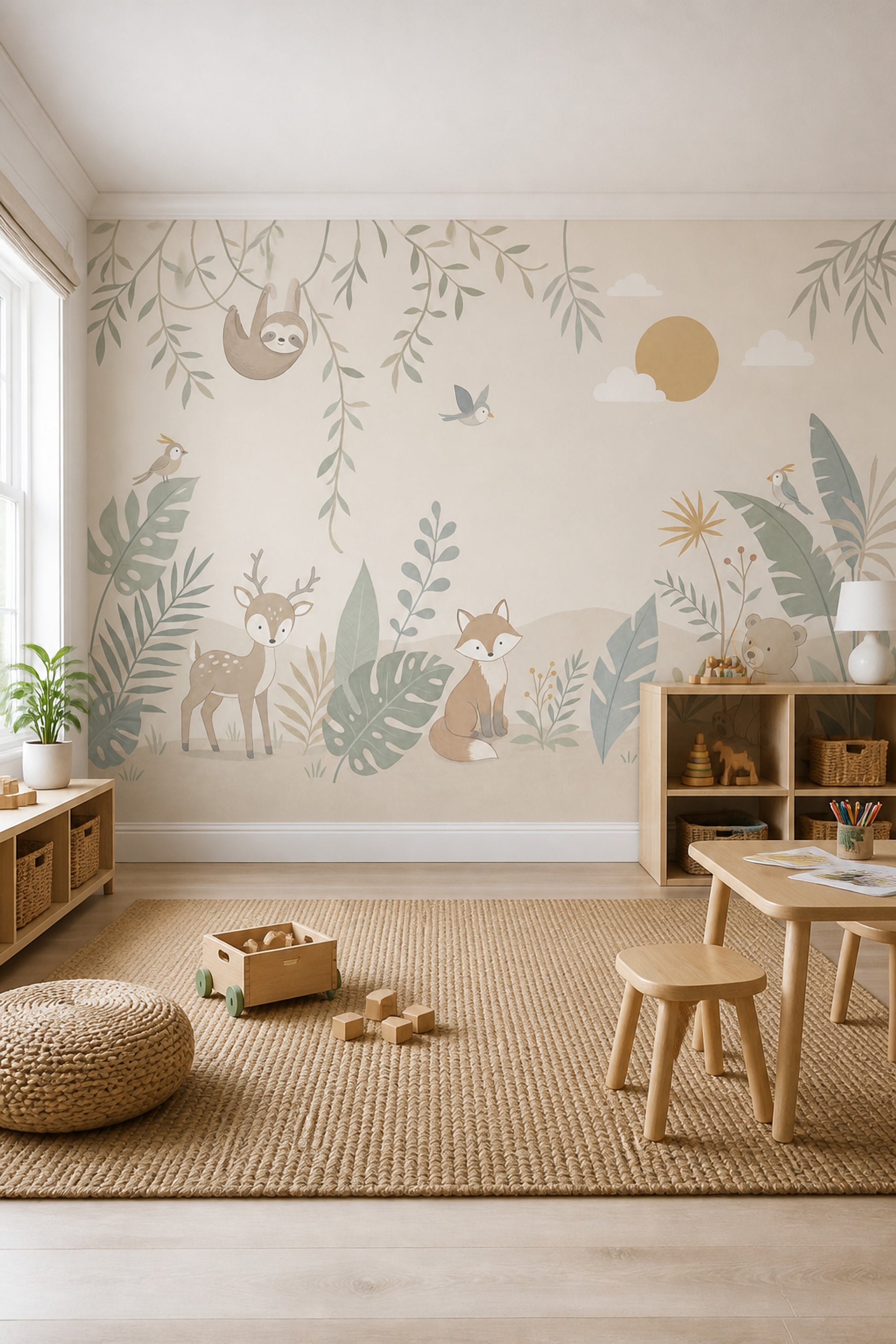 Nursery Jungle Wallpaper Woodland Animals Tropical Leaves Removable Wall Decor