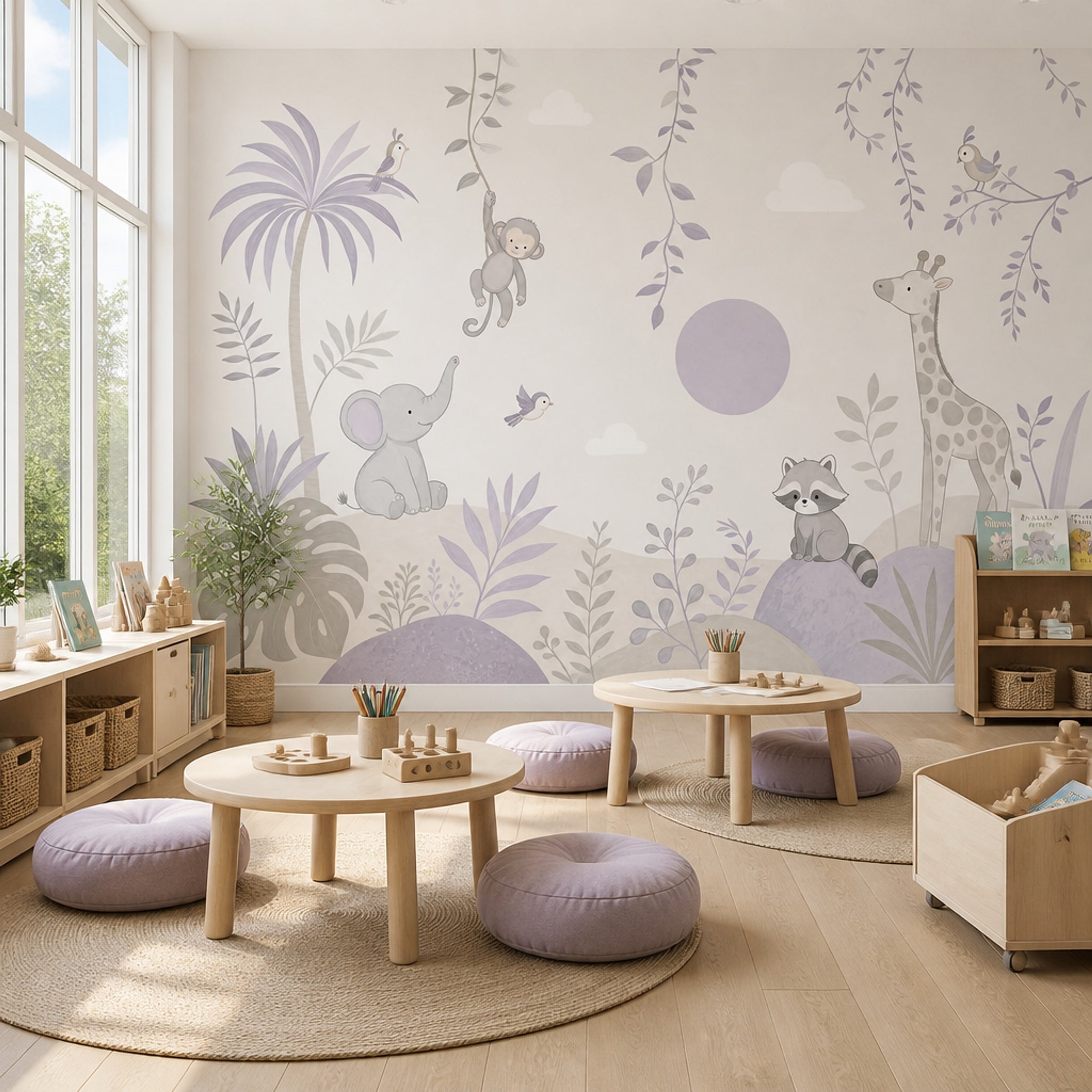Nursery Jungle Wallpaper Safari Animals Tropical Foliage Removable Wall Decor