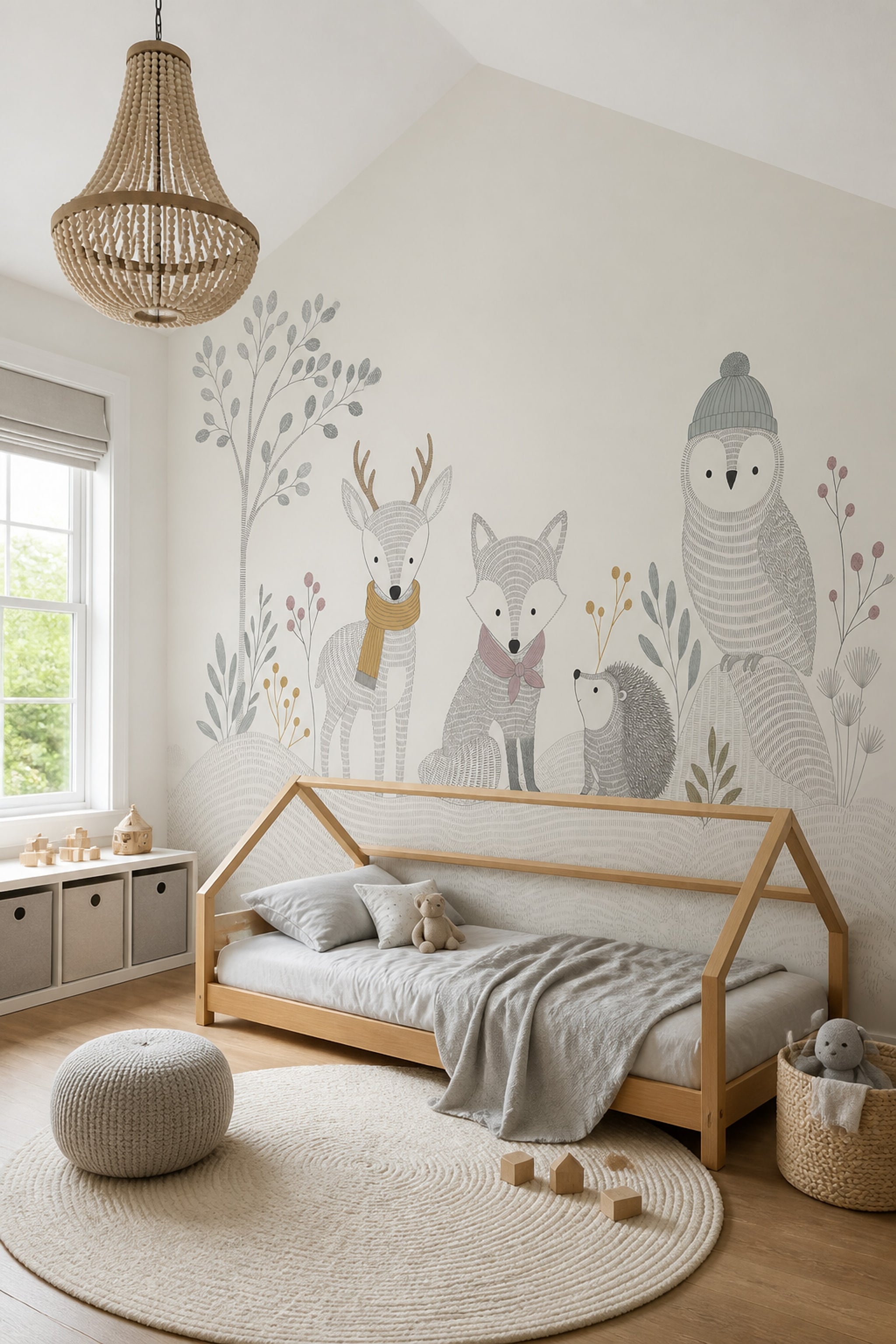 White Background Wallpaper Woodland Animals Removable Kids Wall Decor