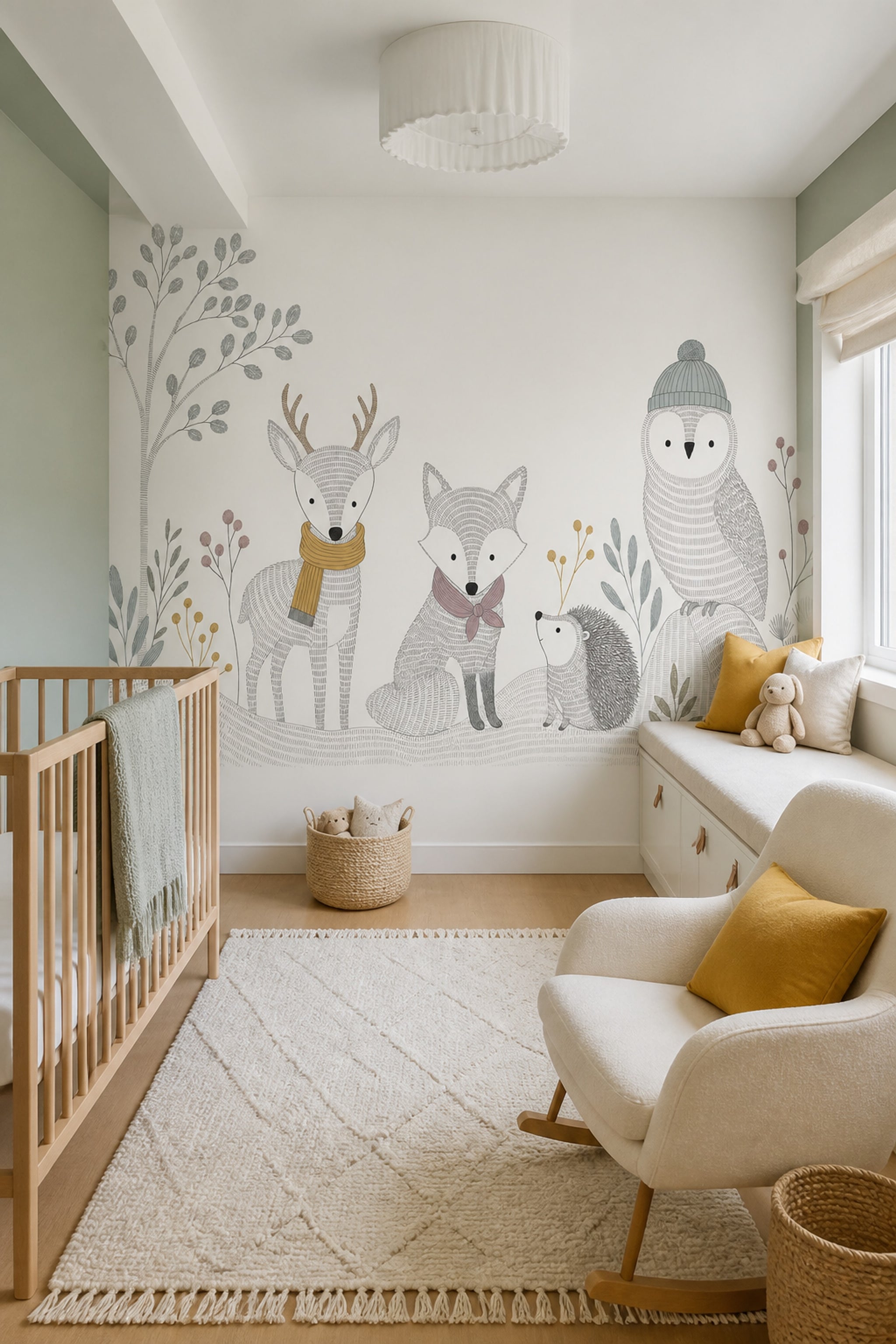 White Background Wallpaper Woodland Animals Removable Kids Wall Decor