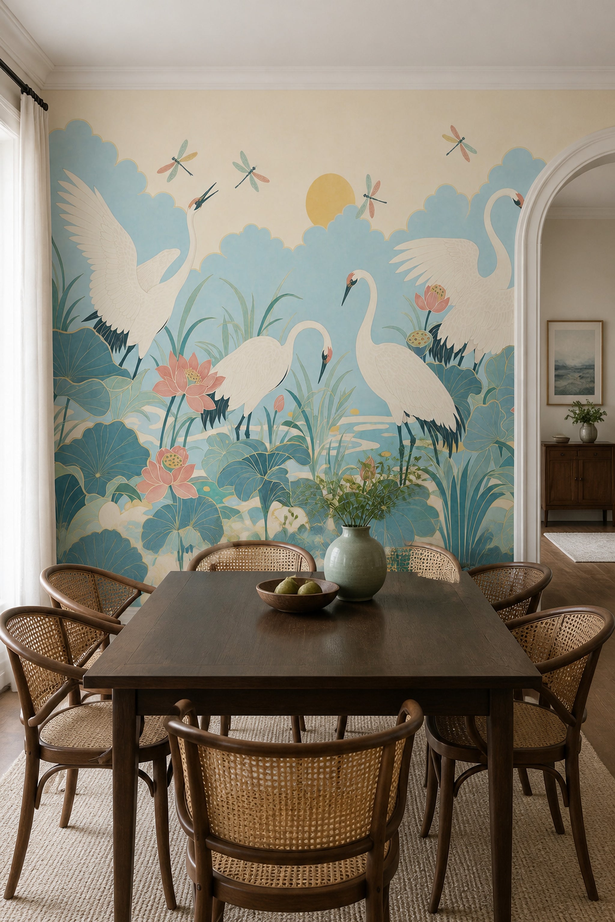 Muted Green Wallpaper Lotus Cranes Wall Mural