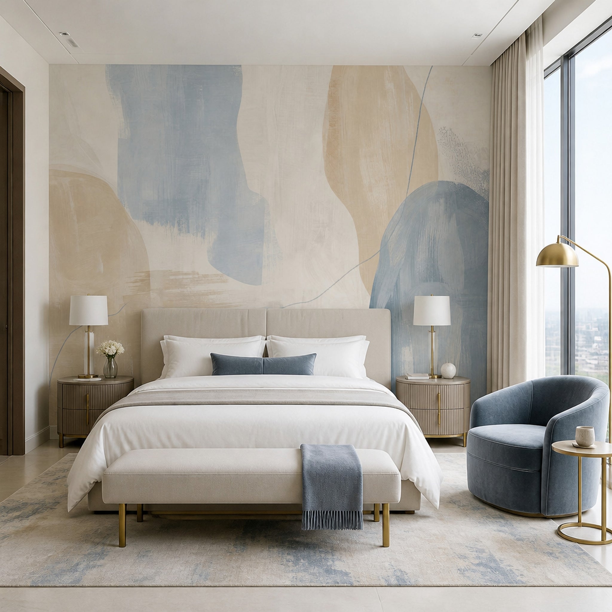 Organic Shapes Wallpaper Muted Blue Brush Texture Wall Mural