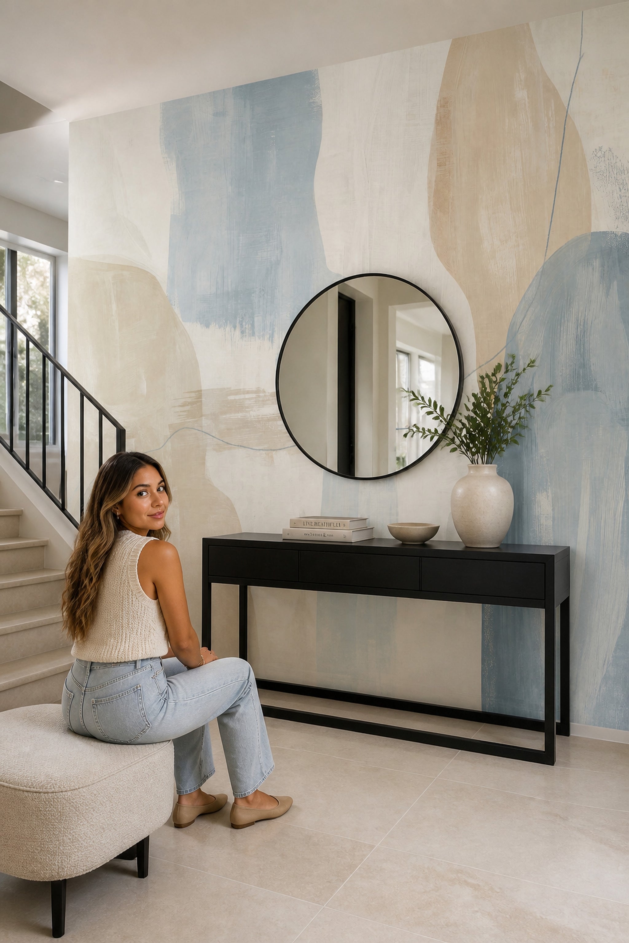Organic Shapes Wallpaper Muted Blue Brush Texture Wall Mural