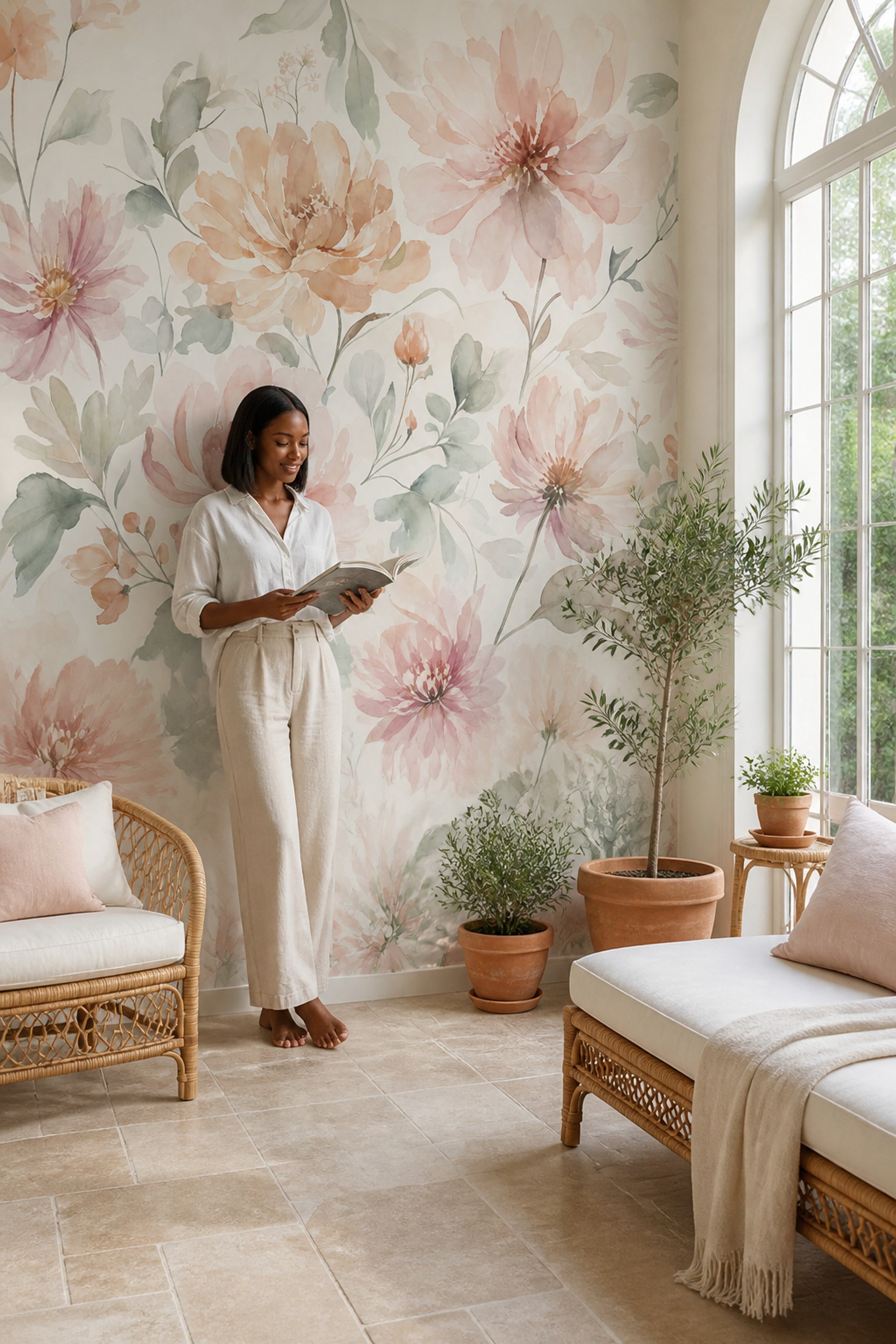 Watercolor Floral Wallpaper Ivory Background Romantic Garden Wall Mural
