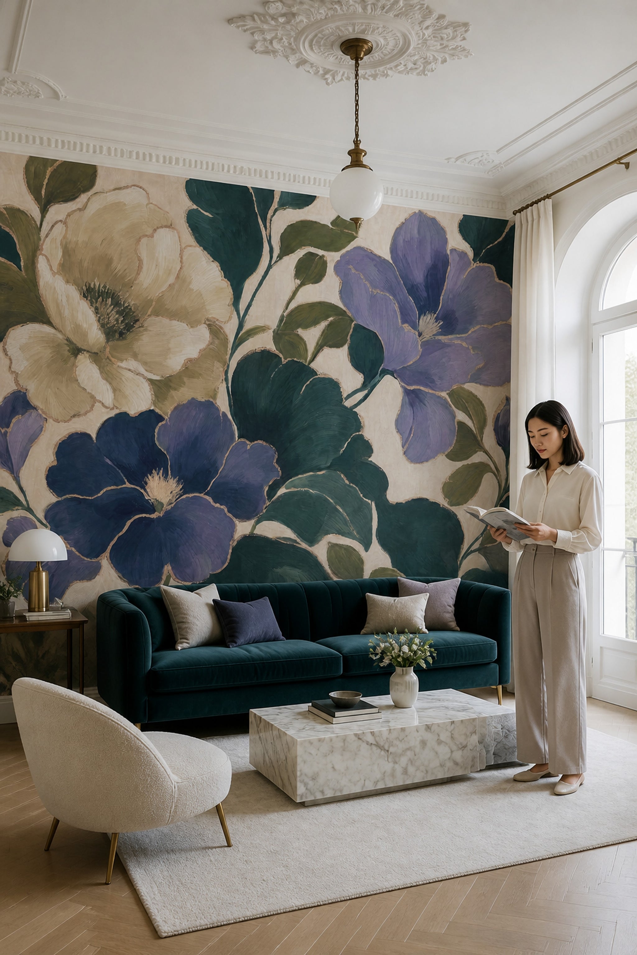Large Scale Blooms Wallpaper Botanical Cream Background Removable Wall Decor