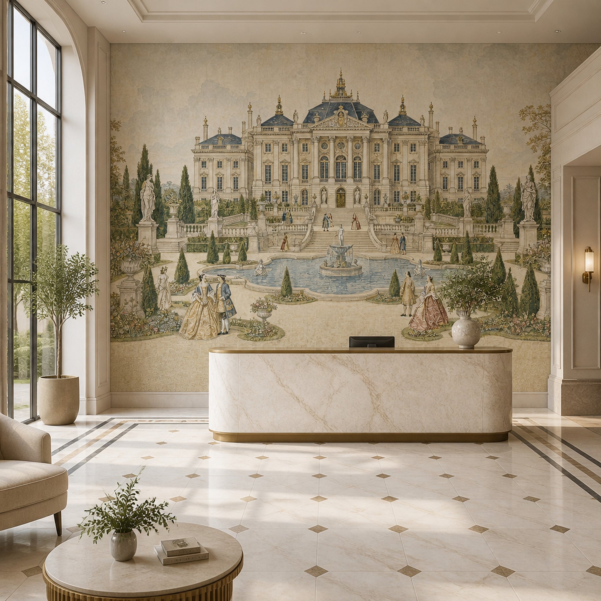 Muted Green Wallpaper Palace Garden Baroque Wall Mural