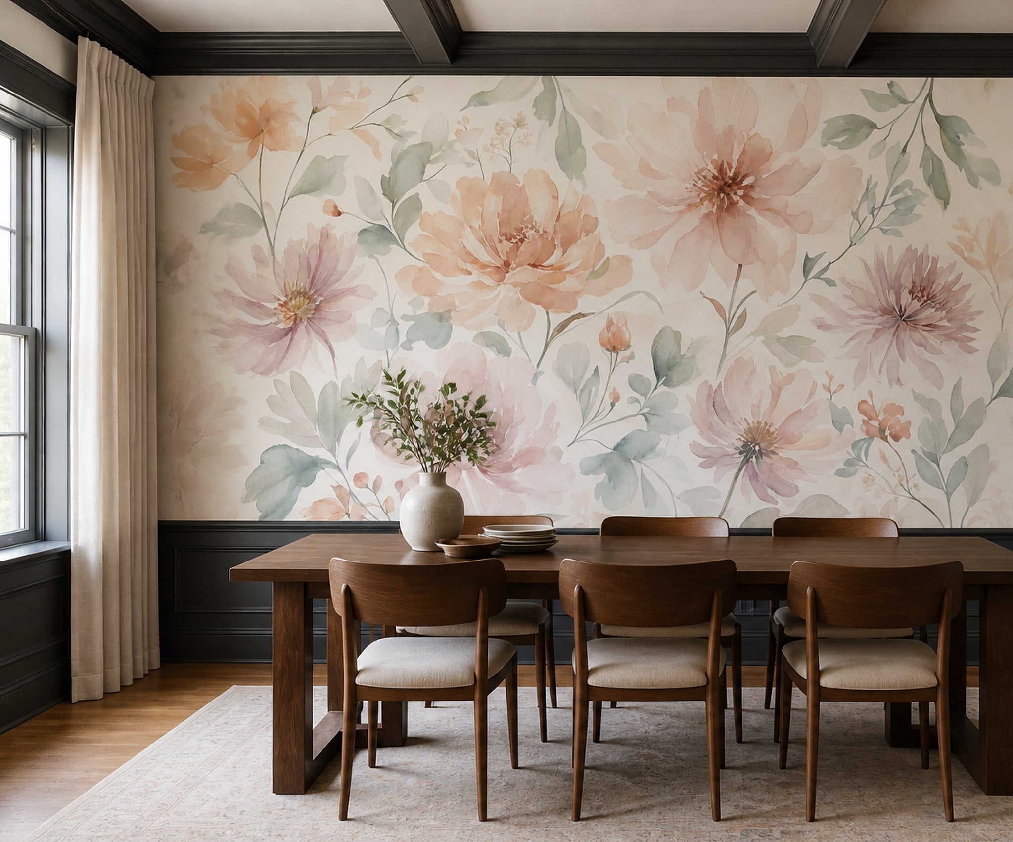 Watercolor Floral Wallpaper Ivory Background Romantic Garden Wall Mural