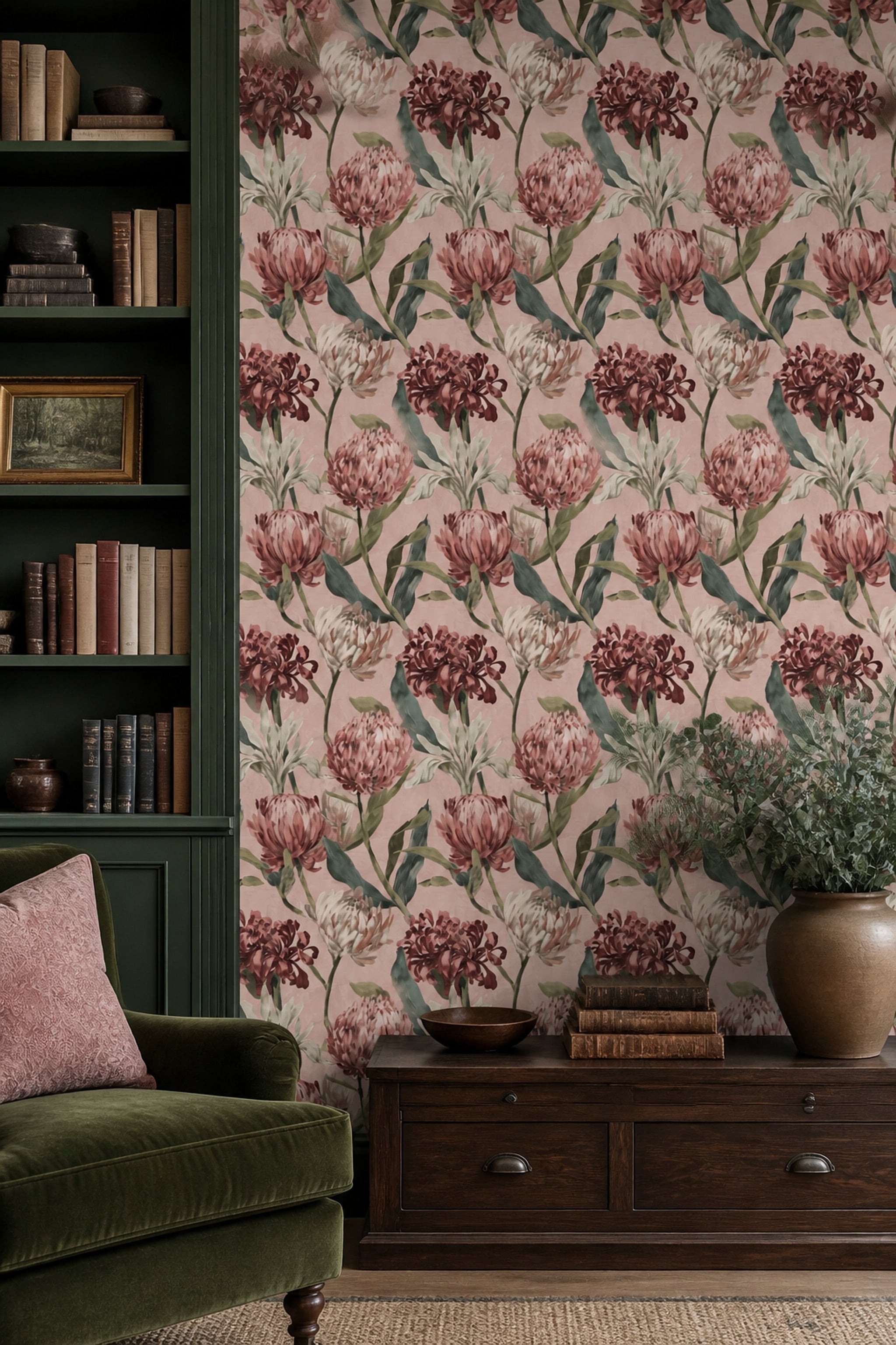 Floral Wallpaper Botanical Pink Background Decorative Mural