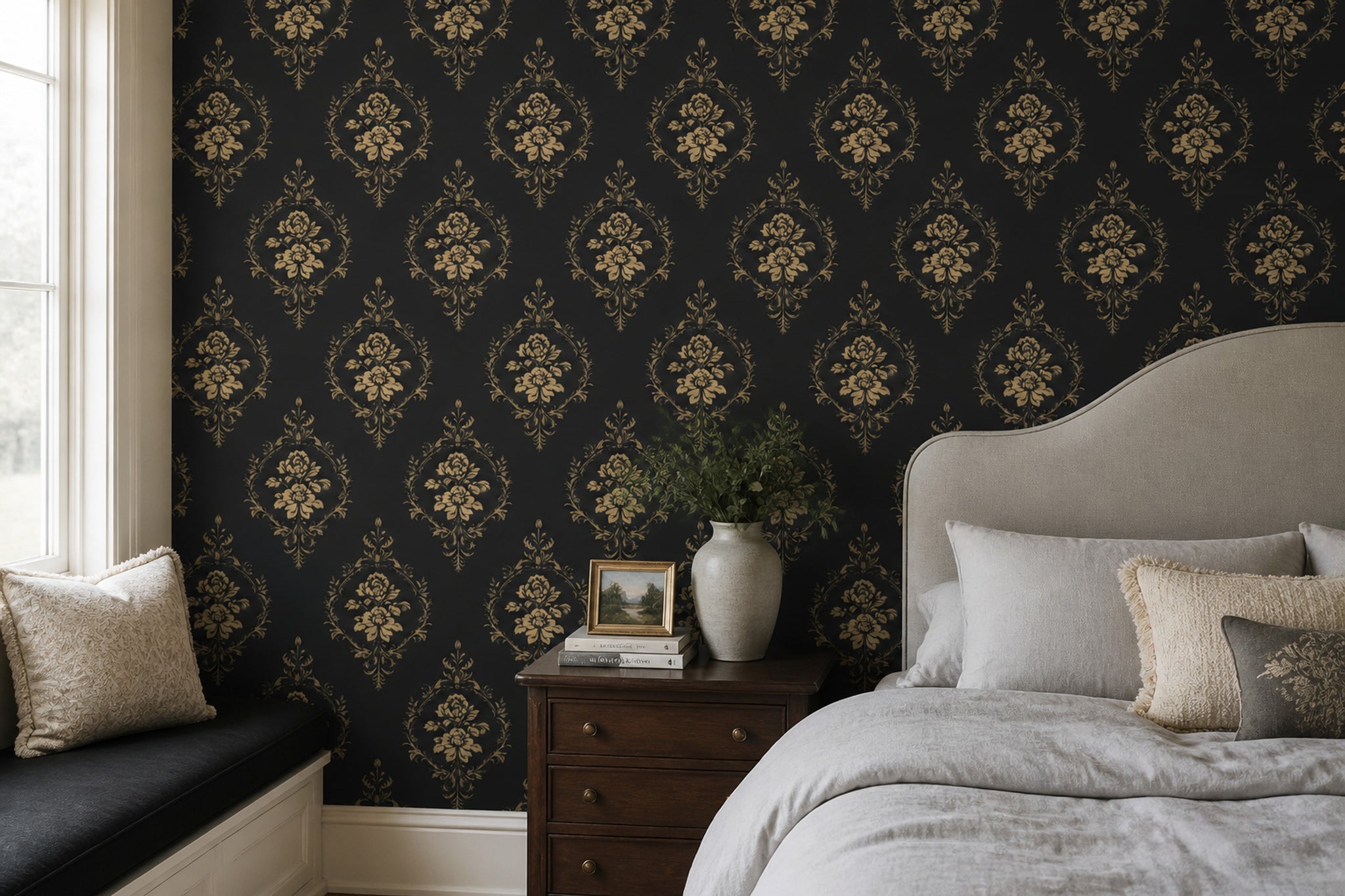 Black And Gold Wallpaper Damask Removable Floral Wall Double Roll
