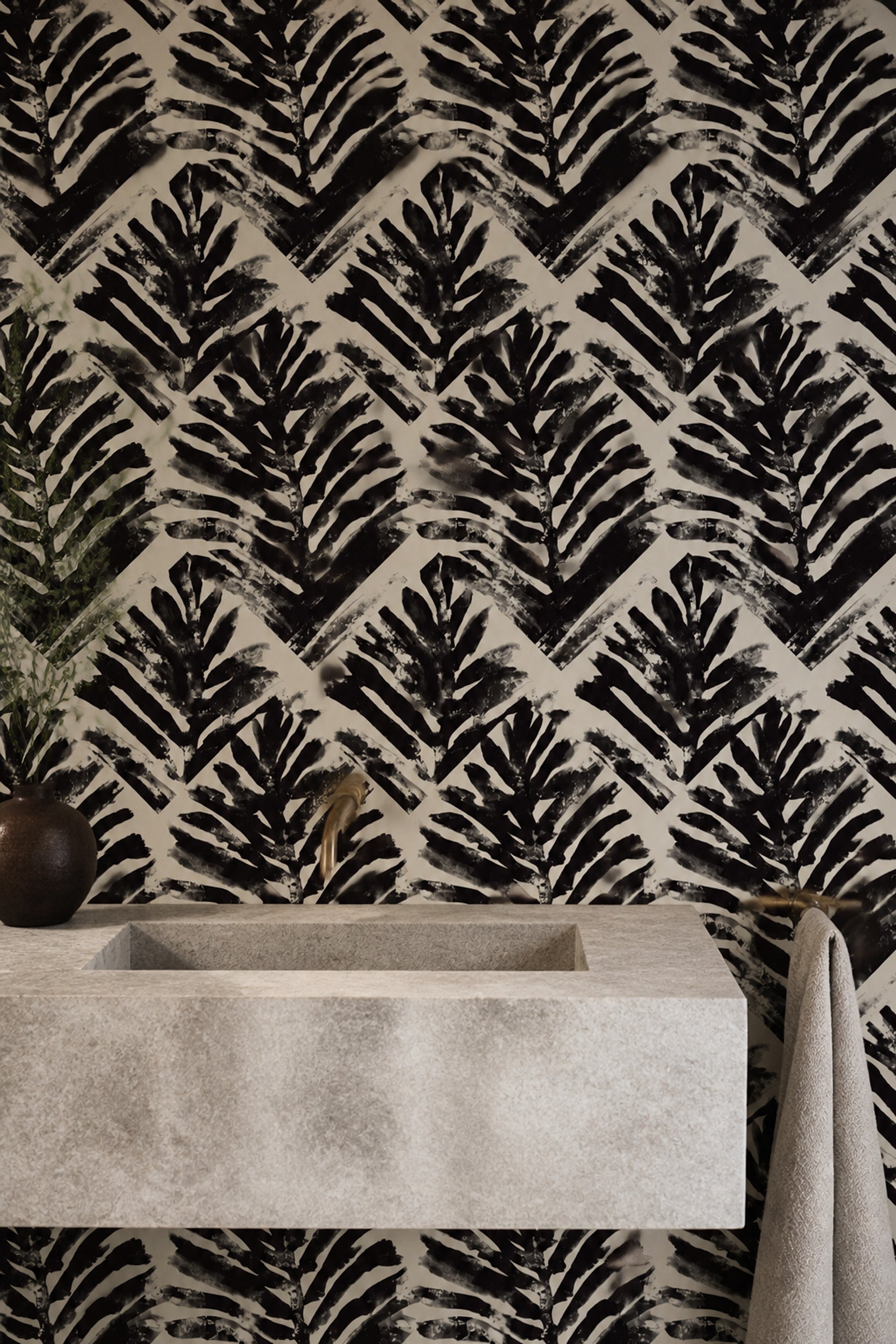 Abstract Wallpaper Black Brushstrokes Cream Background Removable Wall Decor