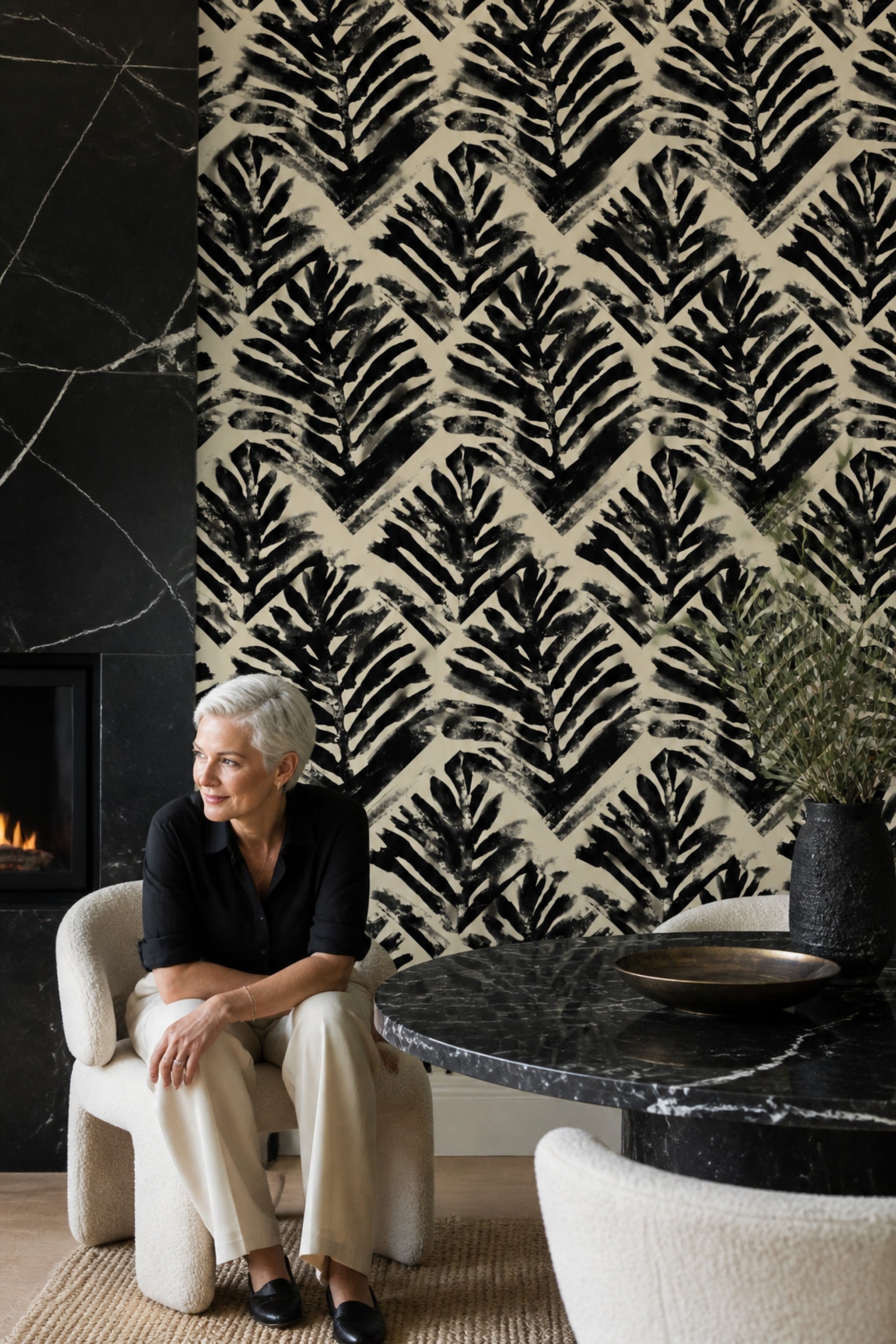 Abstract Wallpaper Black Brushstrokes Cream Background Removable Wall Decor