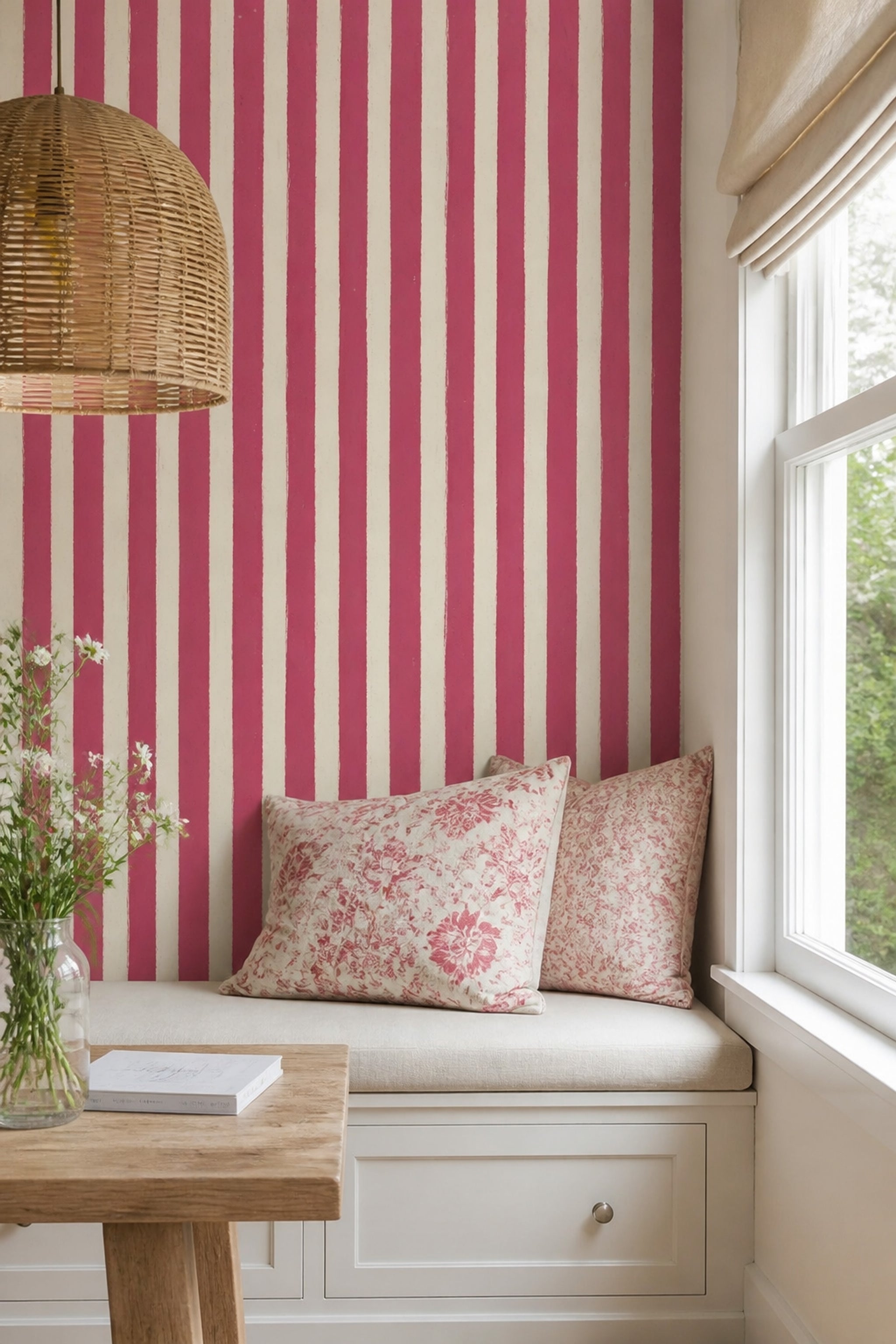 Vertical Stripes Wallpaper Pink Distressed Texture Decorative Mural