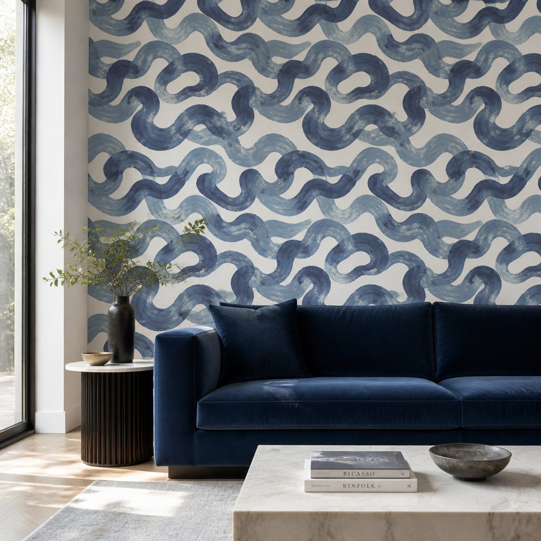 Blue Brushstrokes Wallpaper Navy Abstract Removable Wall Decor