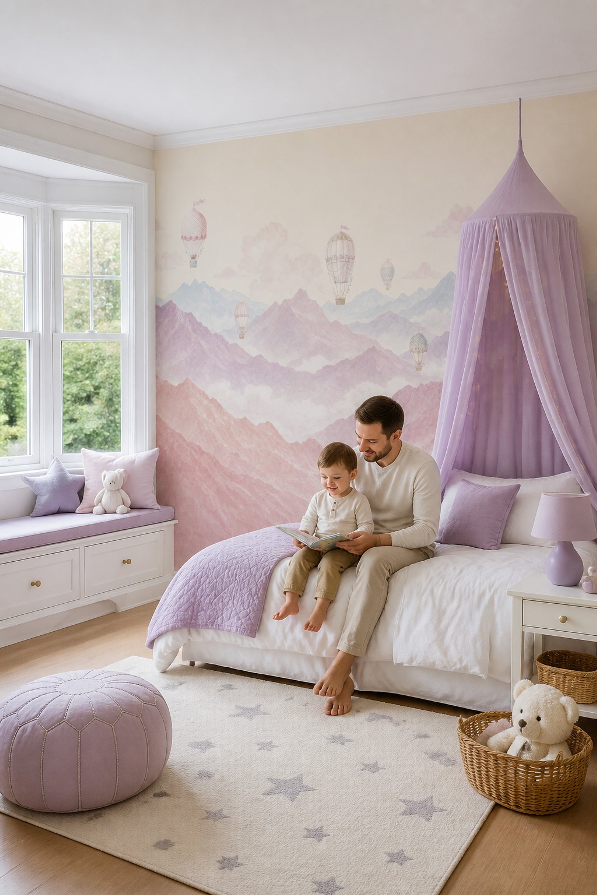 Pastel Landscape Wallpaper Watercolor Mountains Hot Air Balloons Wall Mural