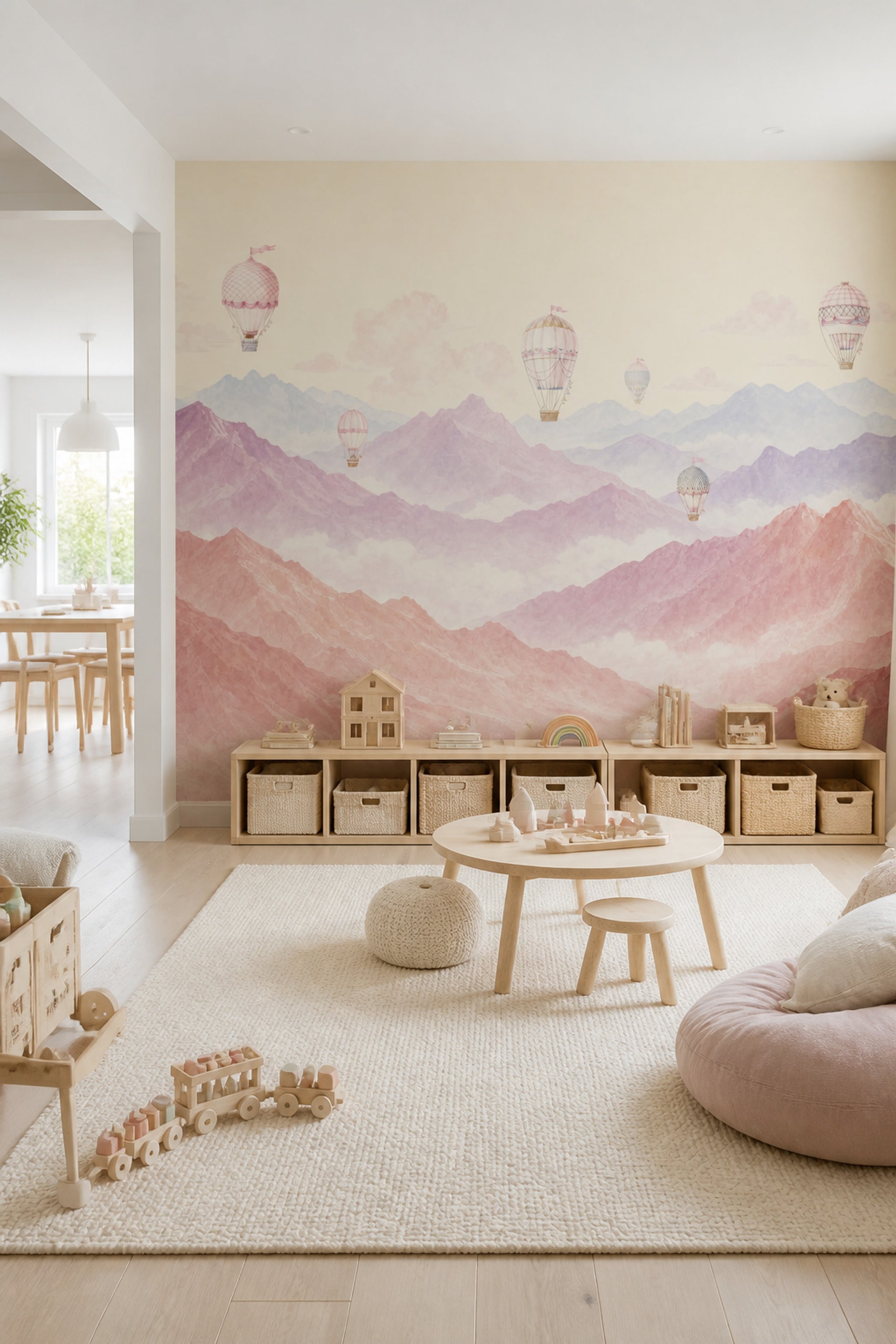 Pastel Landscape Wallpaper Watercolor Mountains Hot Air Balloons Wall Mural