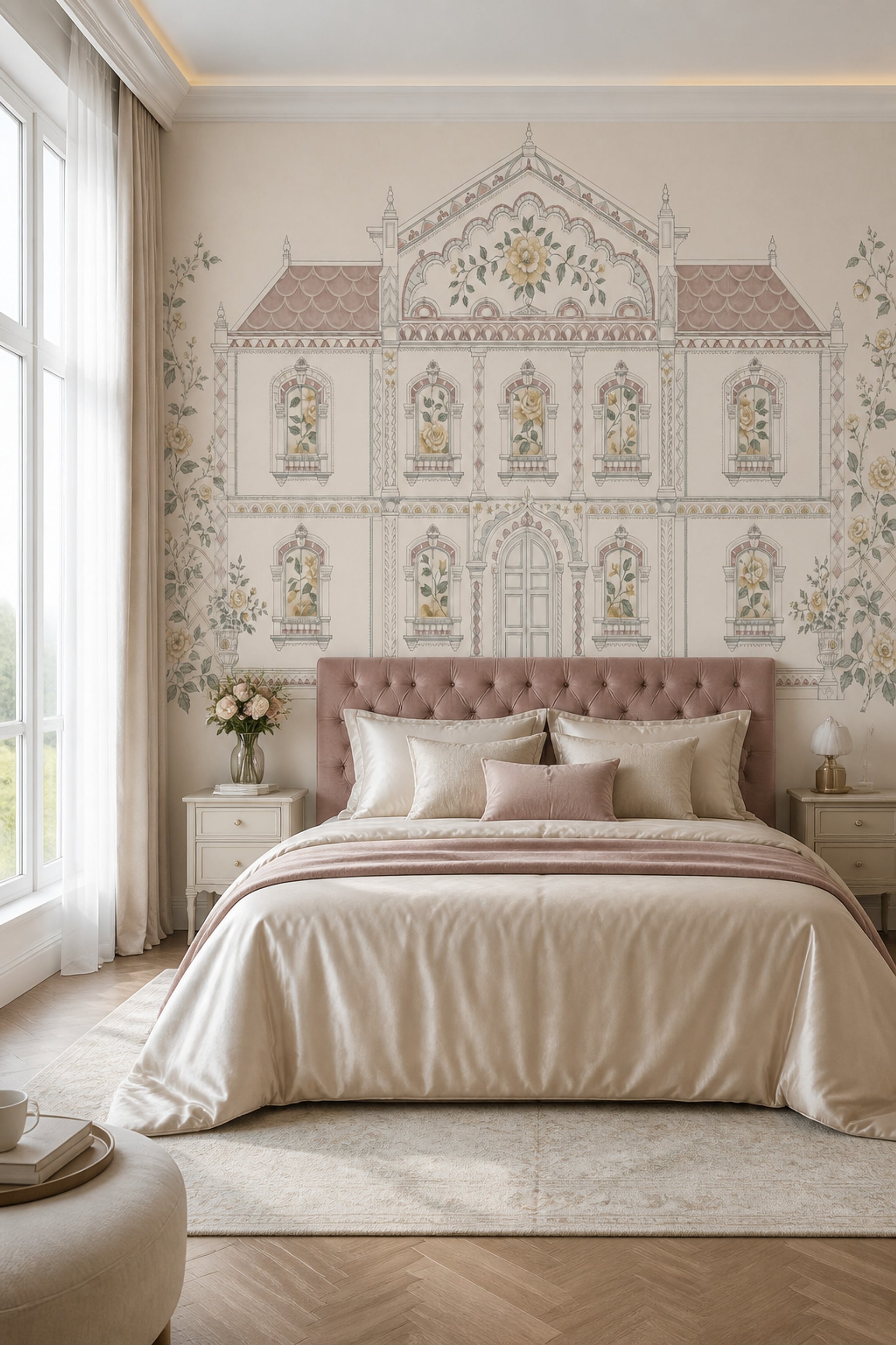 Muted Green Wallpaper Botanical Removable Architectural Wall Decor