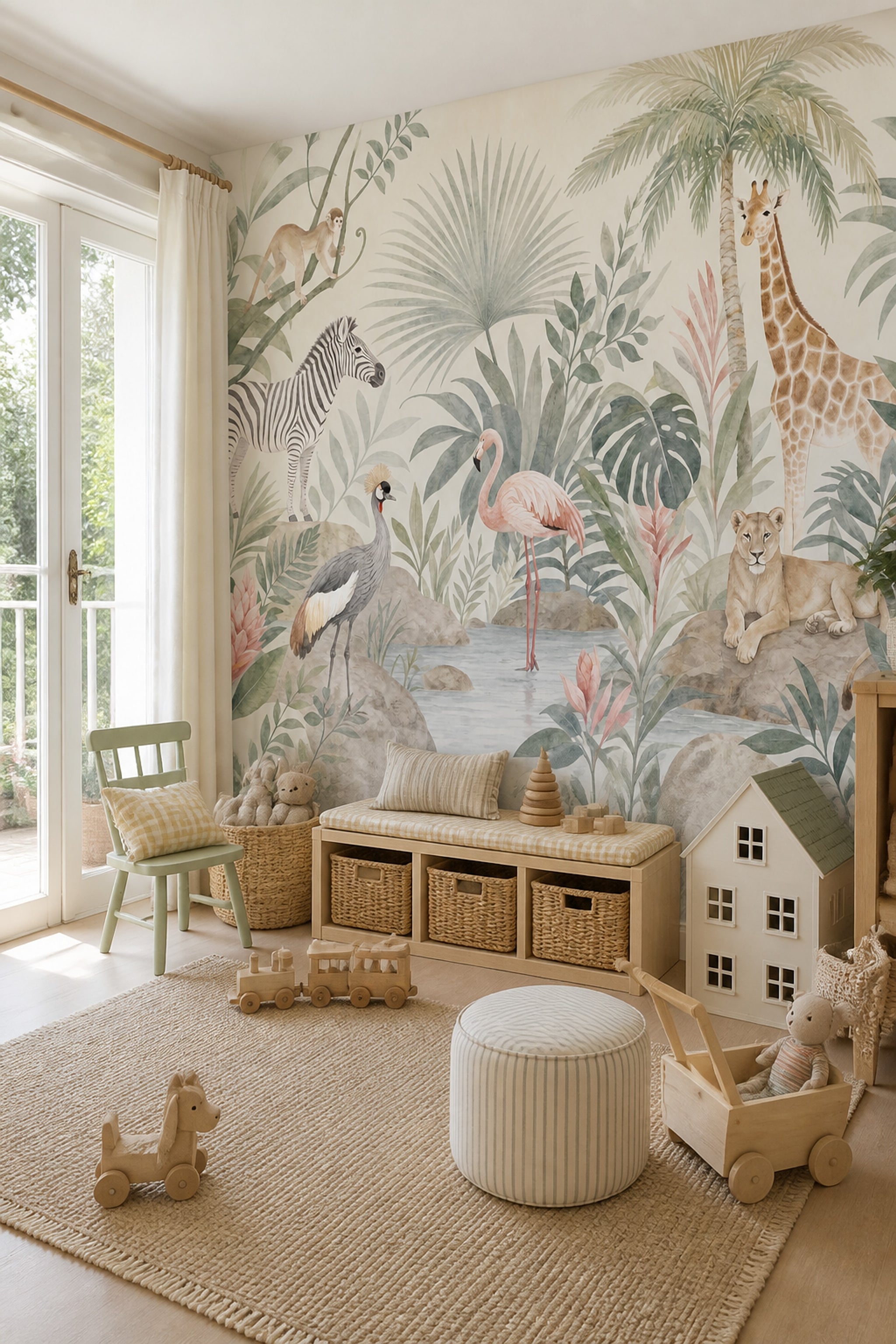 Tropical Jungle Wallpaper Safari Animals Watercolor Removable Wall Decor