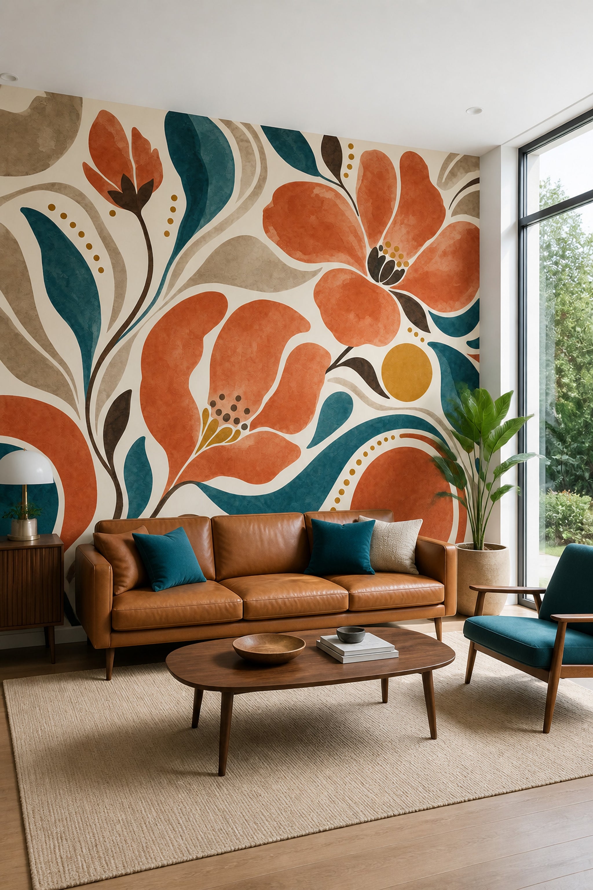 Terracotta Flowers Wallpaper Teal Leaves Cream Background Removable Wall Decor