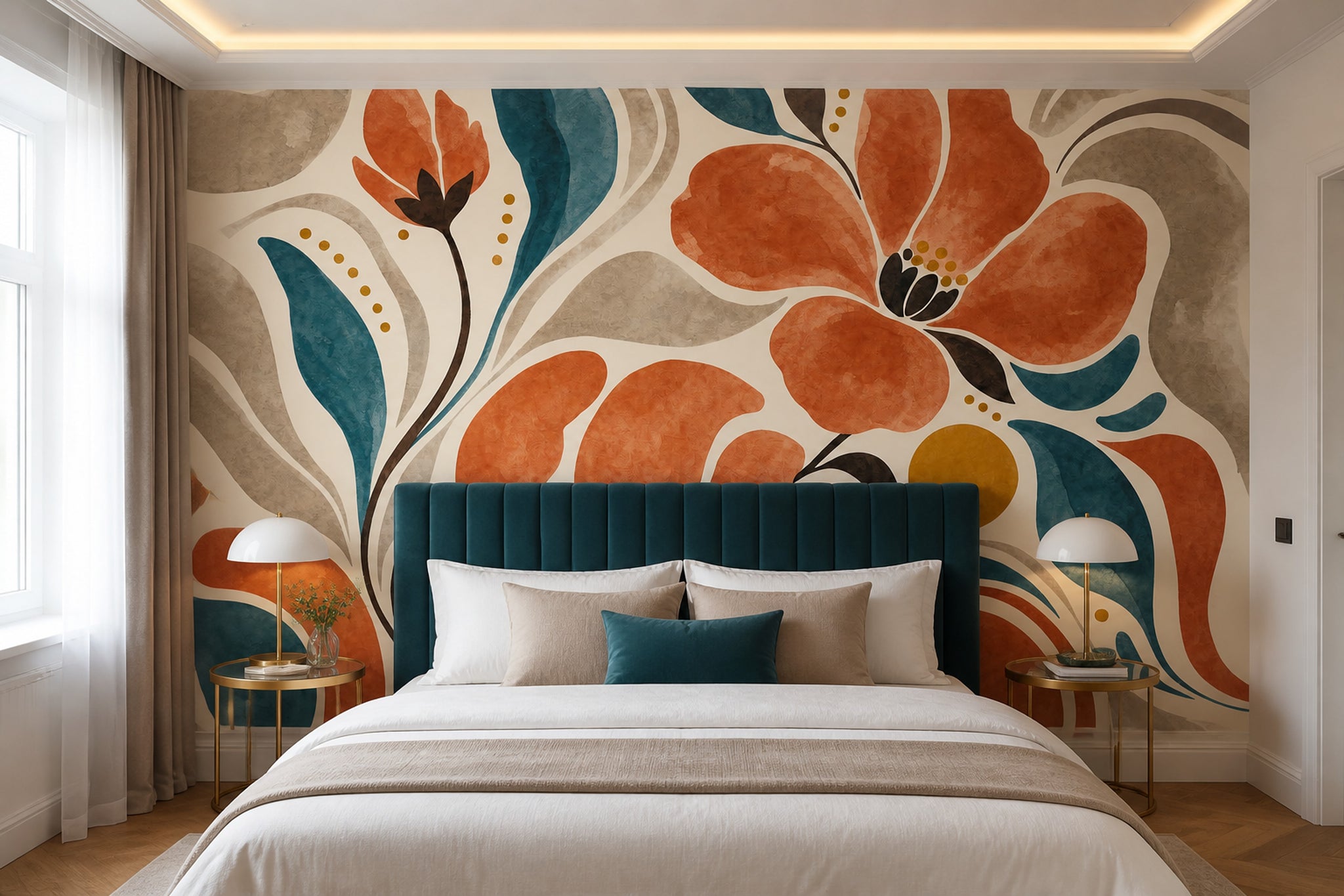 Terracotta Flowers Wallpaper Teal Leaves Cream Background Removable Wall Decor