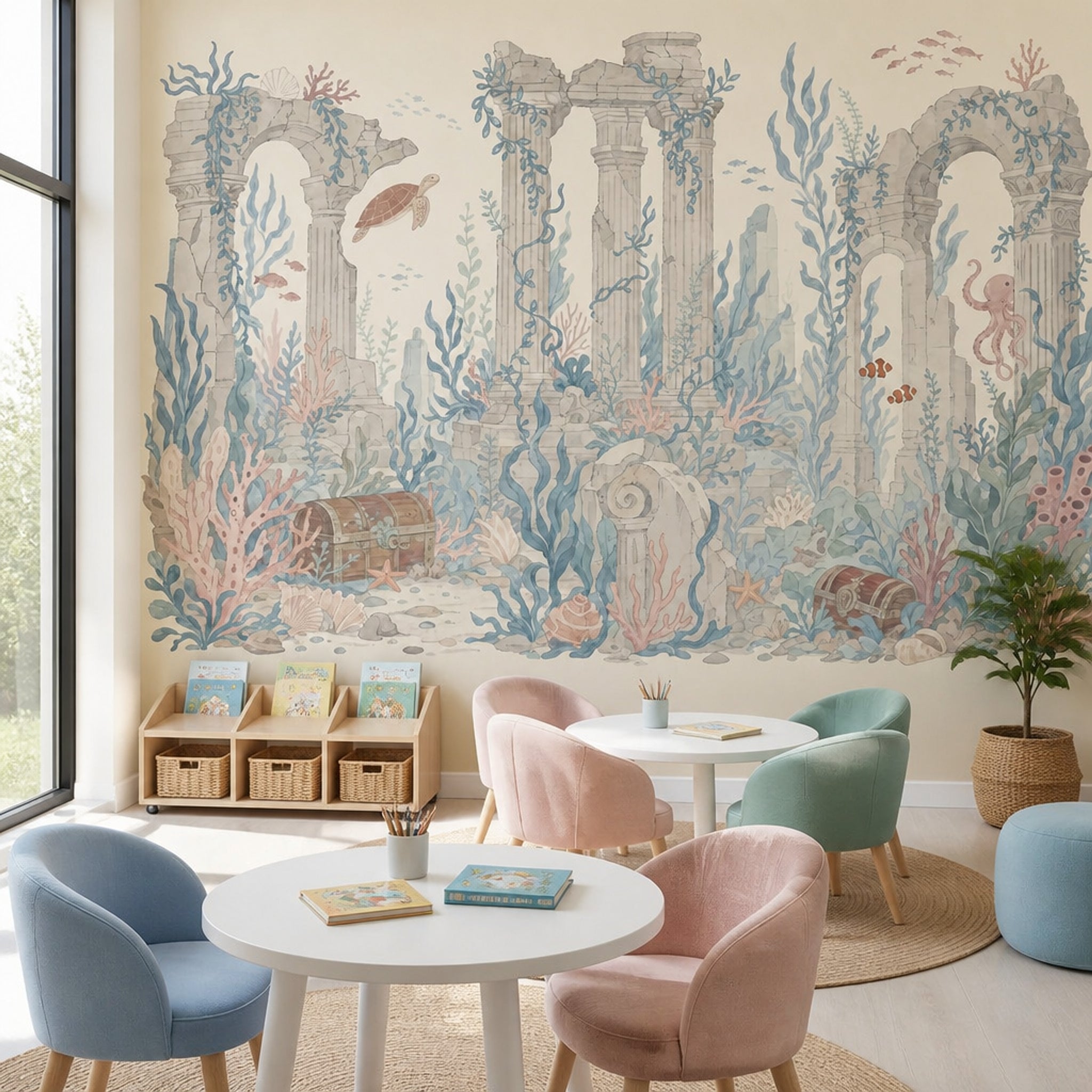 Underwater Ruins Wallpaper Coastal Watercolor Removable Wall Decor