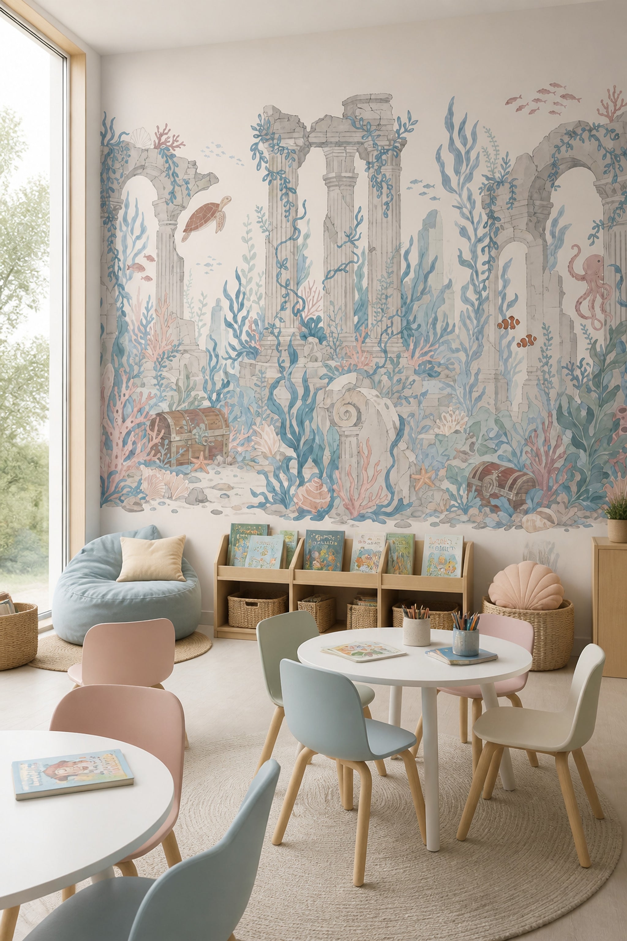 Underwater Ruins Wallpaper Coastal Watercolor Removable Wall Decor