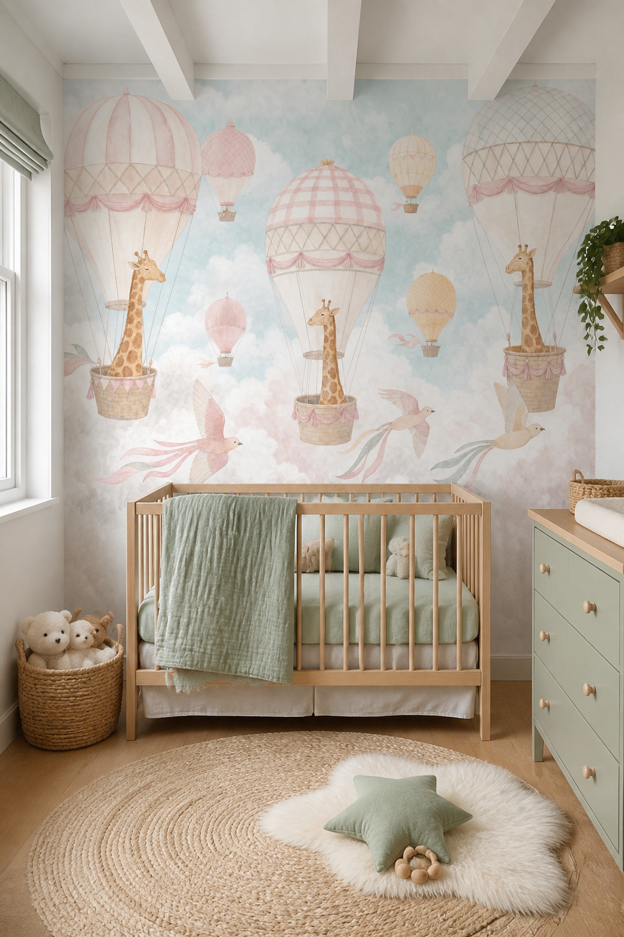 Nursery Wallpaper Hot Air Balloons Removable Giraffes Wall Decor
