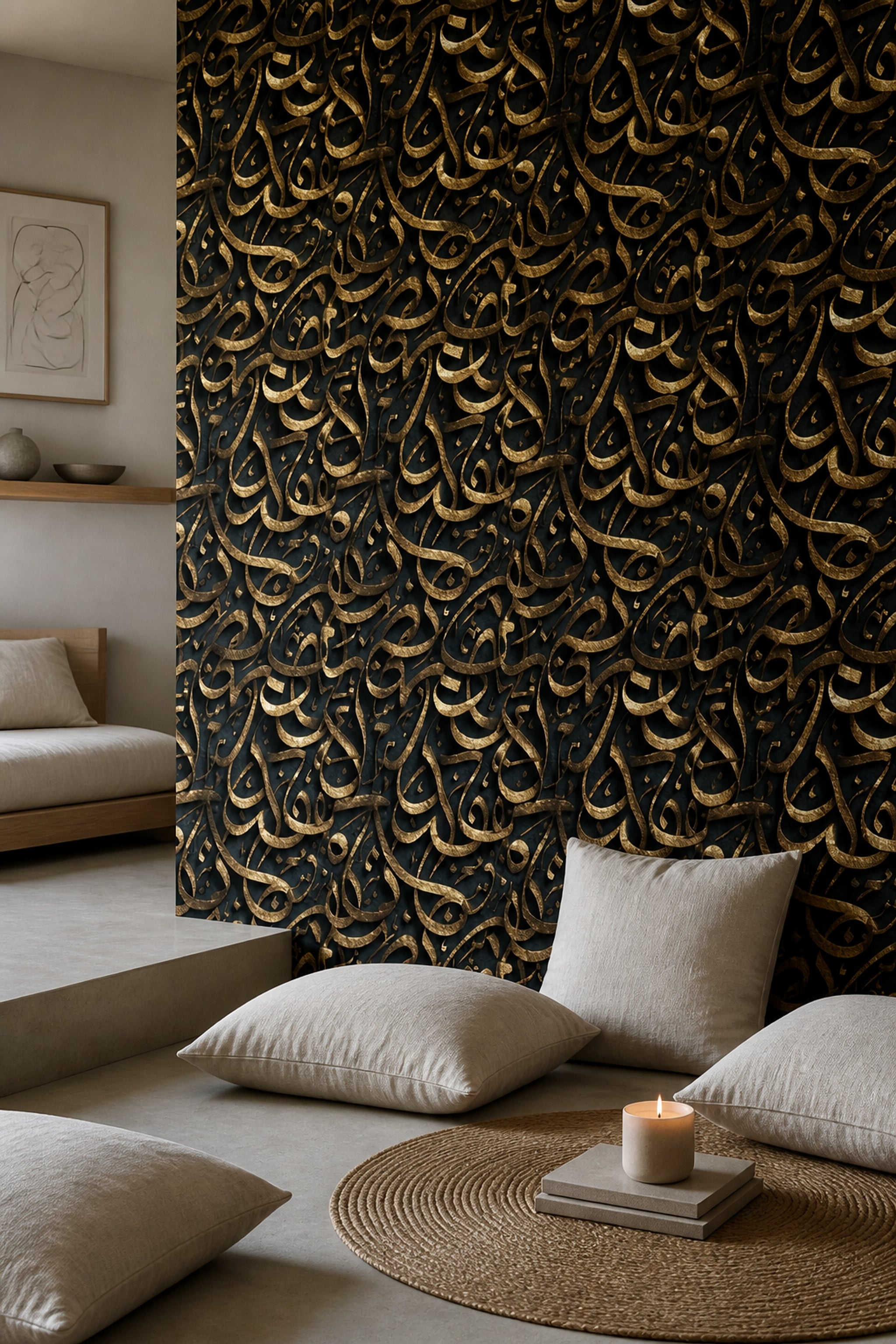 Arabic Calligraphy Wallpaper Gold Metallic Black Background Decorative Mural