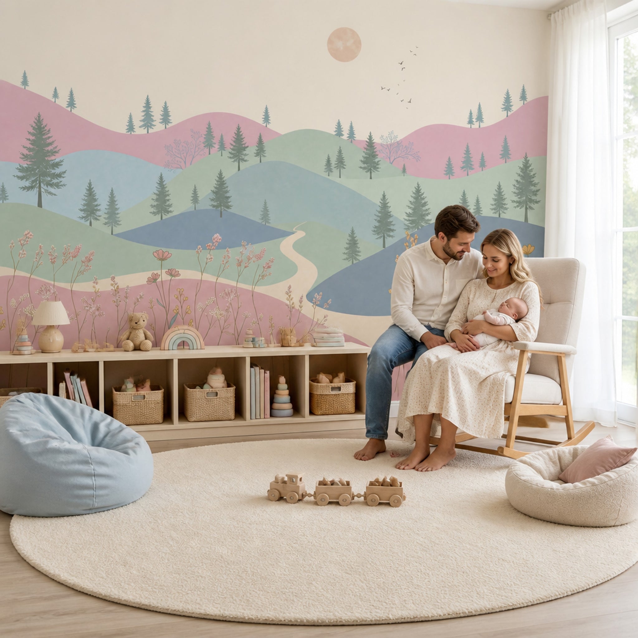Pastel Landscape Wallpaper Rolling Hills Pine Trees Wall Mural