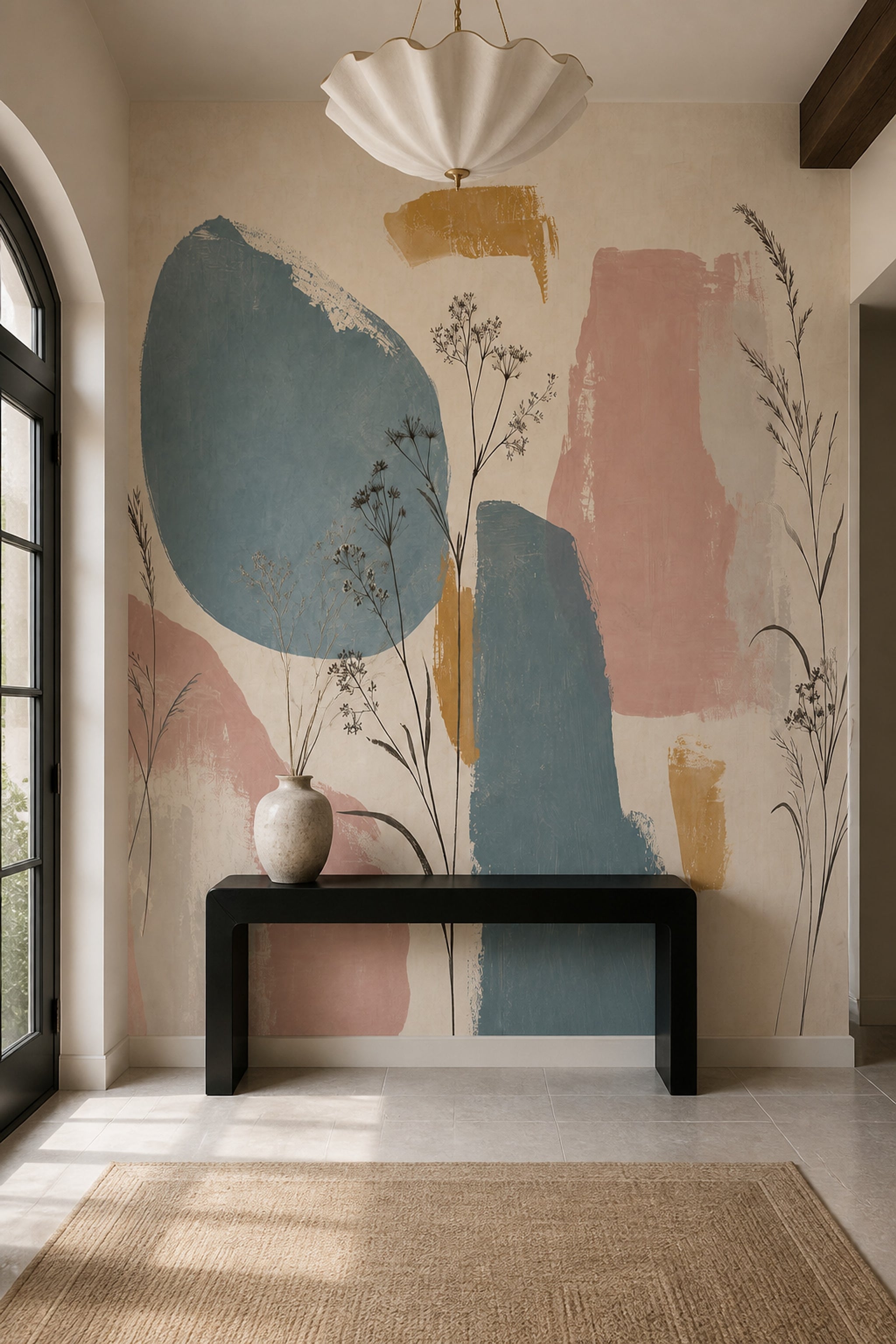 Abstract Botanical Wallpaper Wild Grasses Cream Background Wall Mural