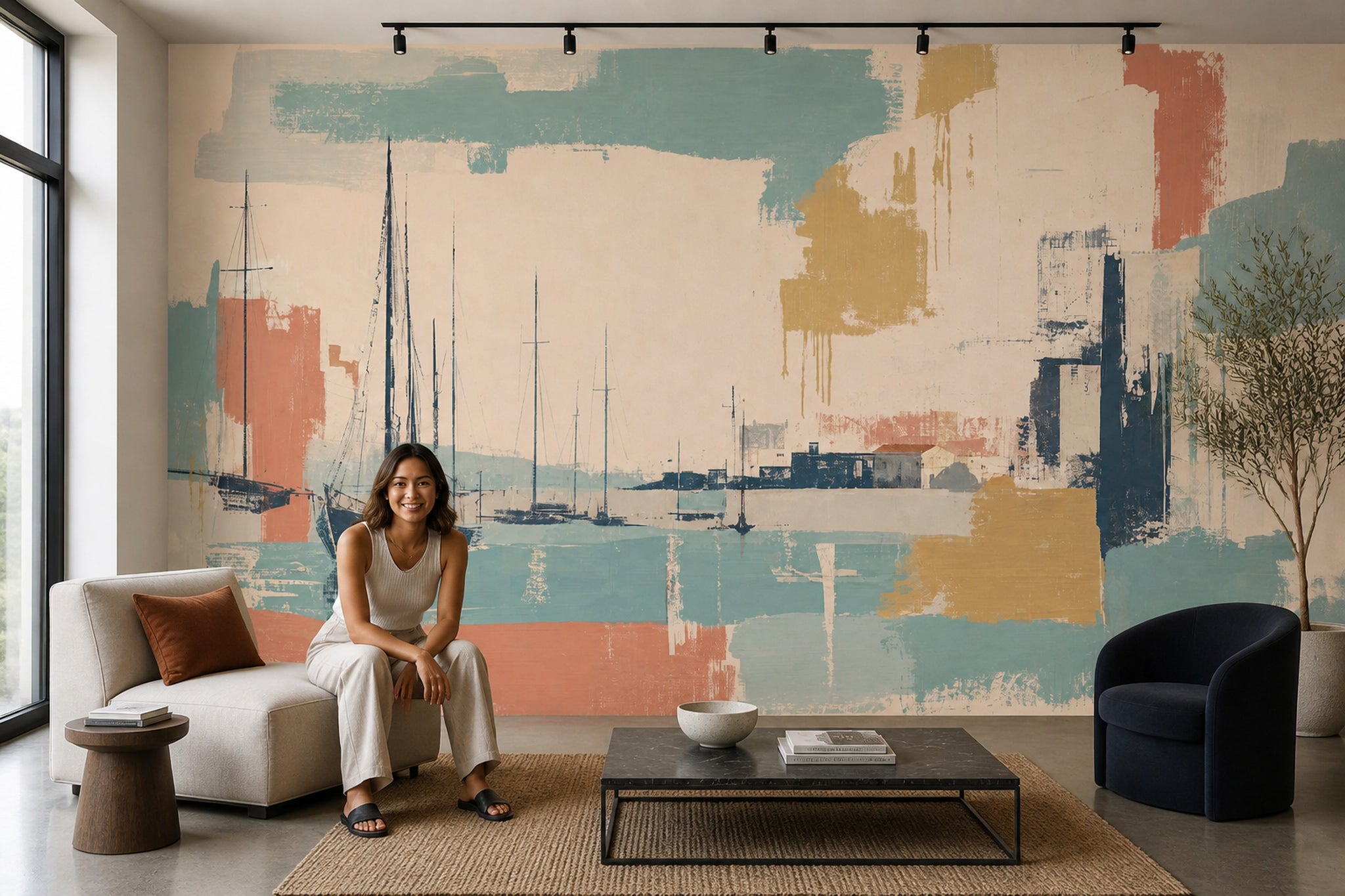 Abstract Harbor Wallpaper Sailboats Removable Coastal Wall Decor