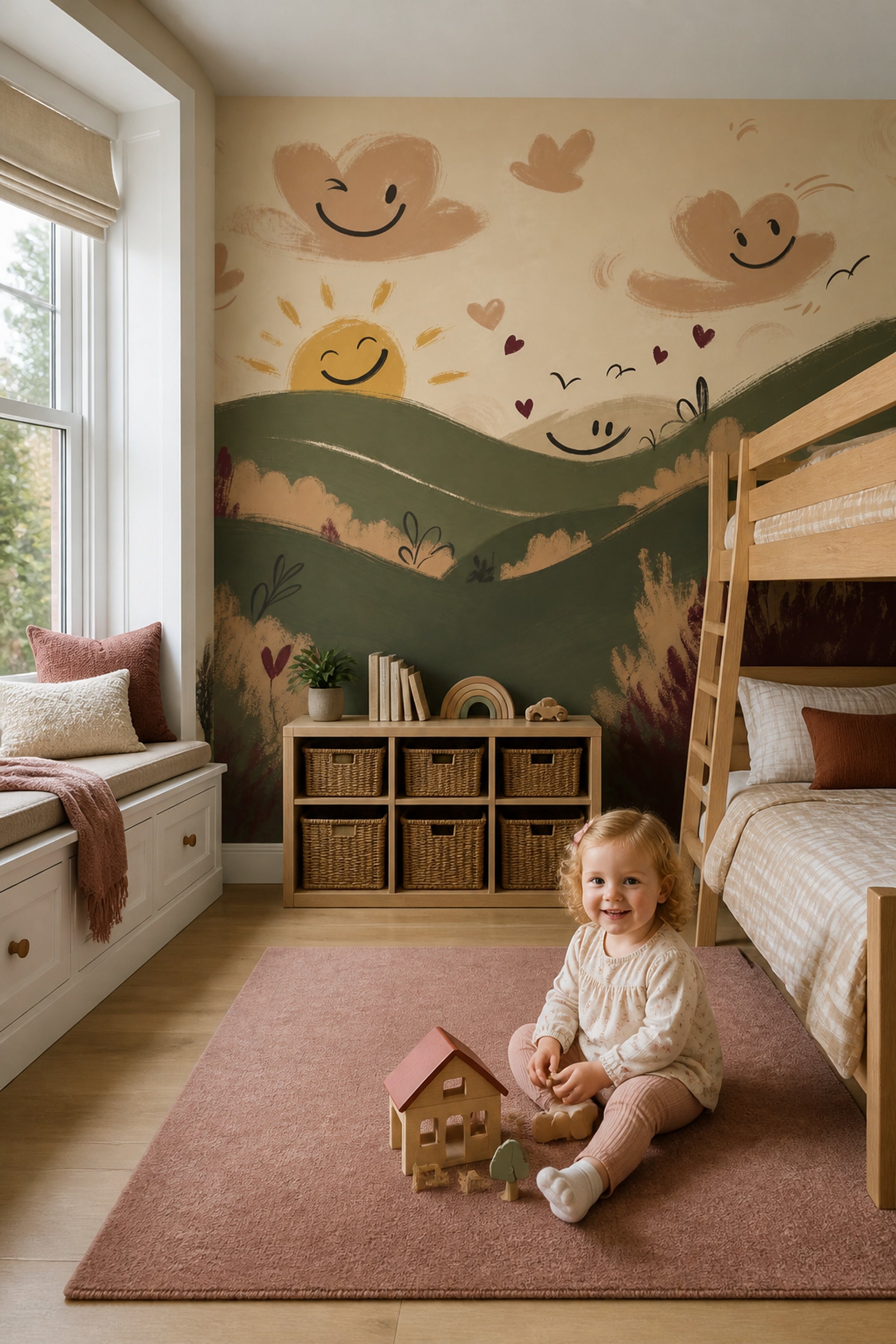 Whimsical Landscape Wallpaper Rolling Hills Smiling Sun Removable Wall Decor