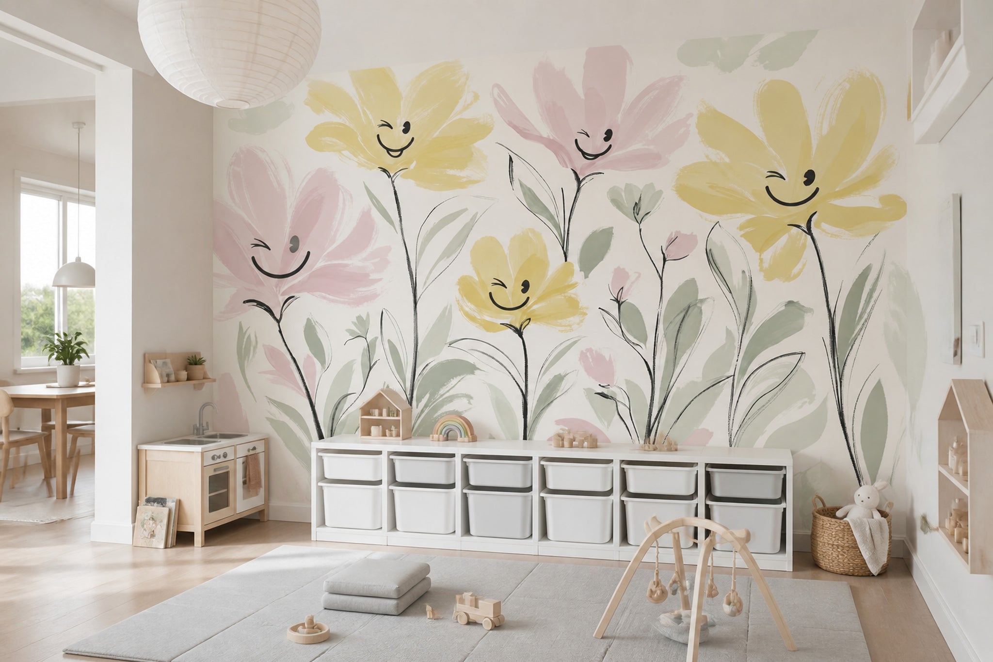 Smiling Flowers Wallpaper Pastel Removable Botanical Wall Decor