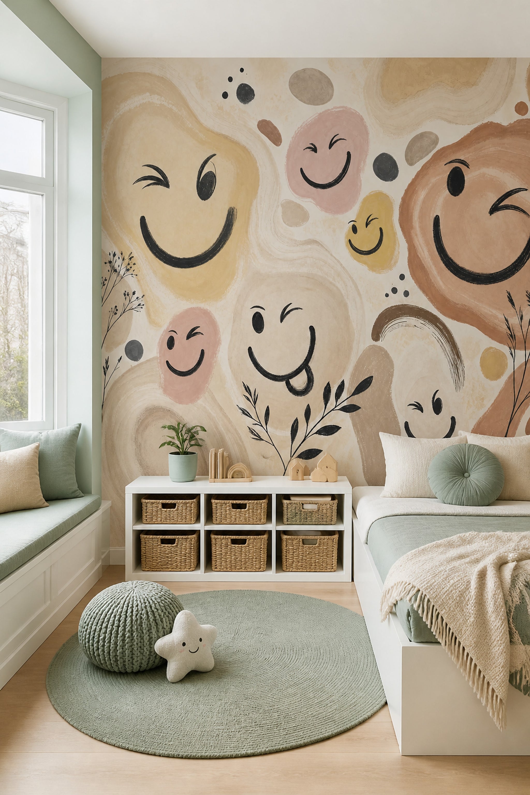 Abstract Smiley Faces Wallpaper Bohemian Wallpaper Organic Shapes Removable Wall Decor