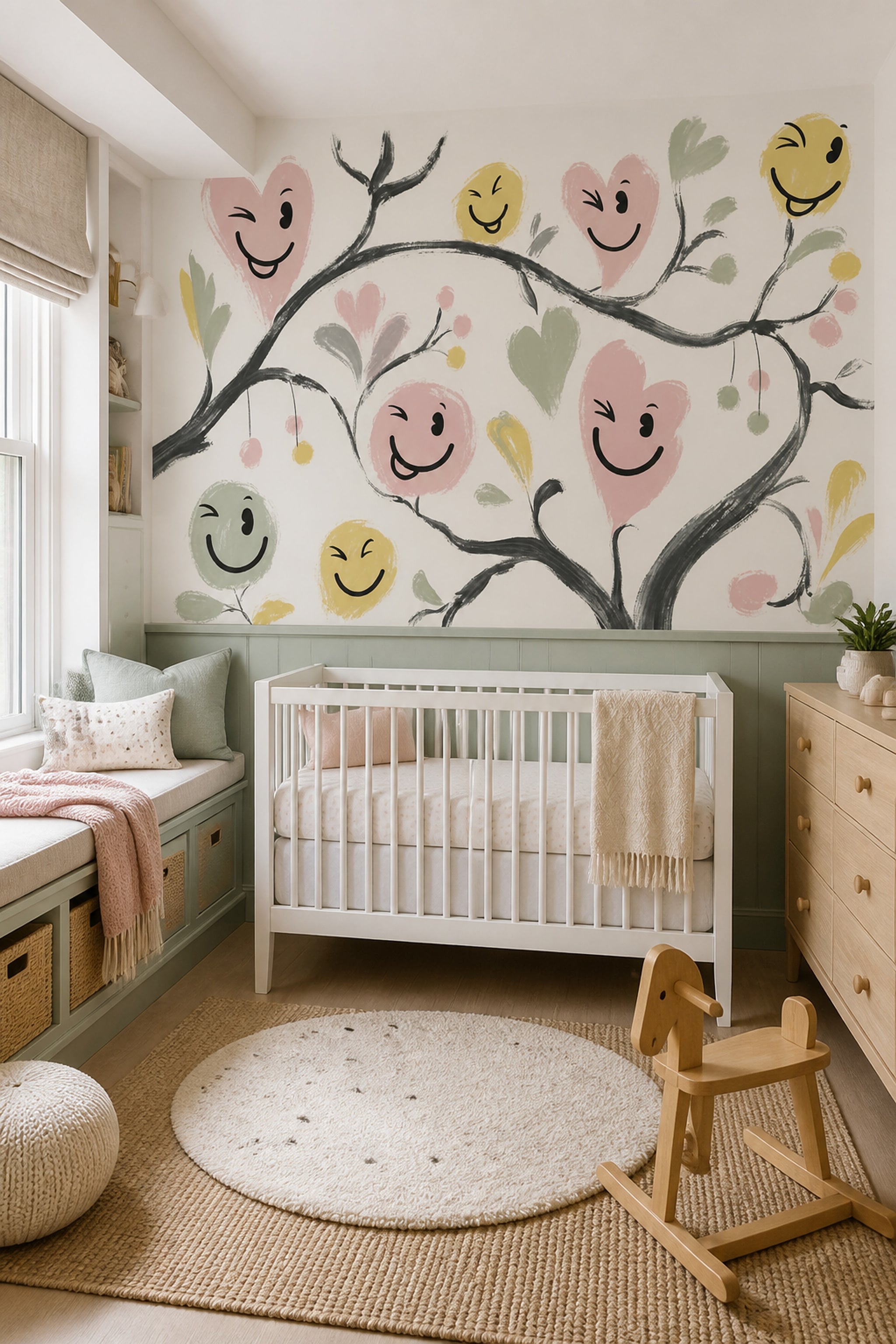 Whimsical Floral Wallpaper Smiley Faces Heart Flowers Wall Mural
