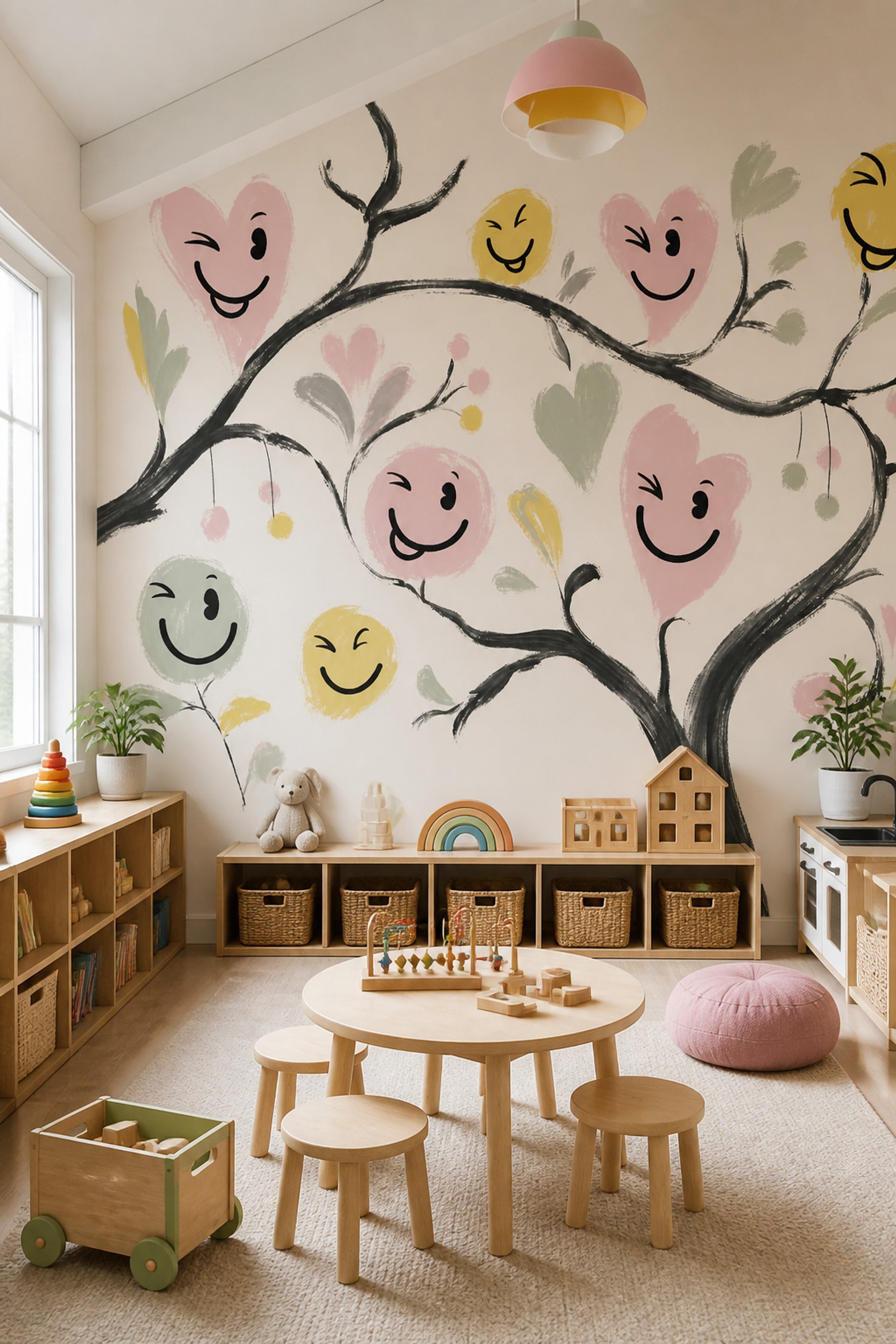 Whimsical Floral Wallpaper Smiley Faces Heart Flowers Wall Mural