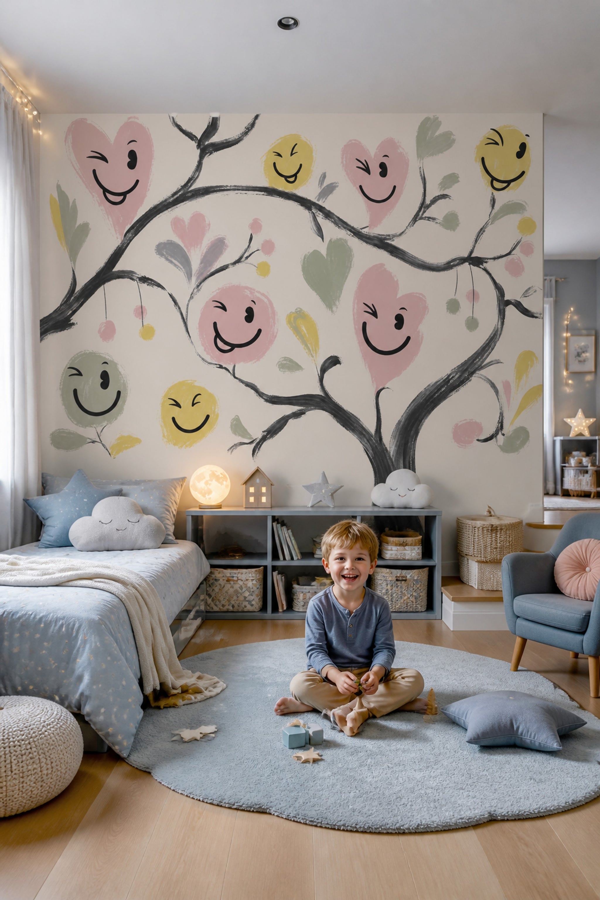 Whimsical Floral Wallpaper Smiley Faces Heart Flowers Wall Mural