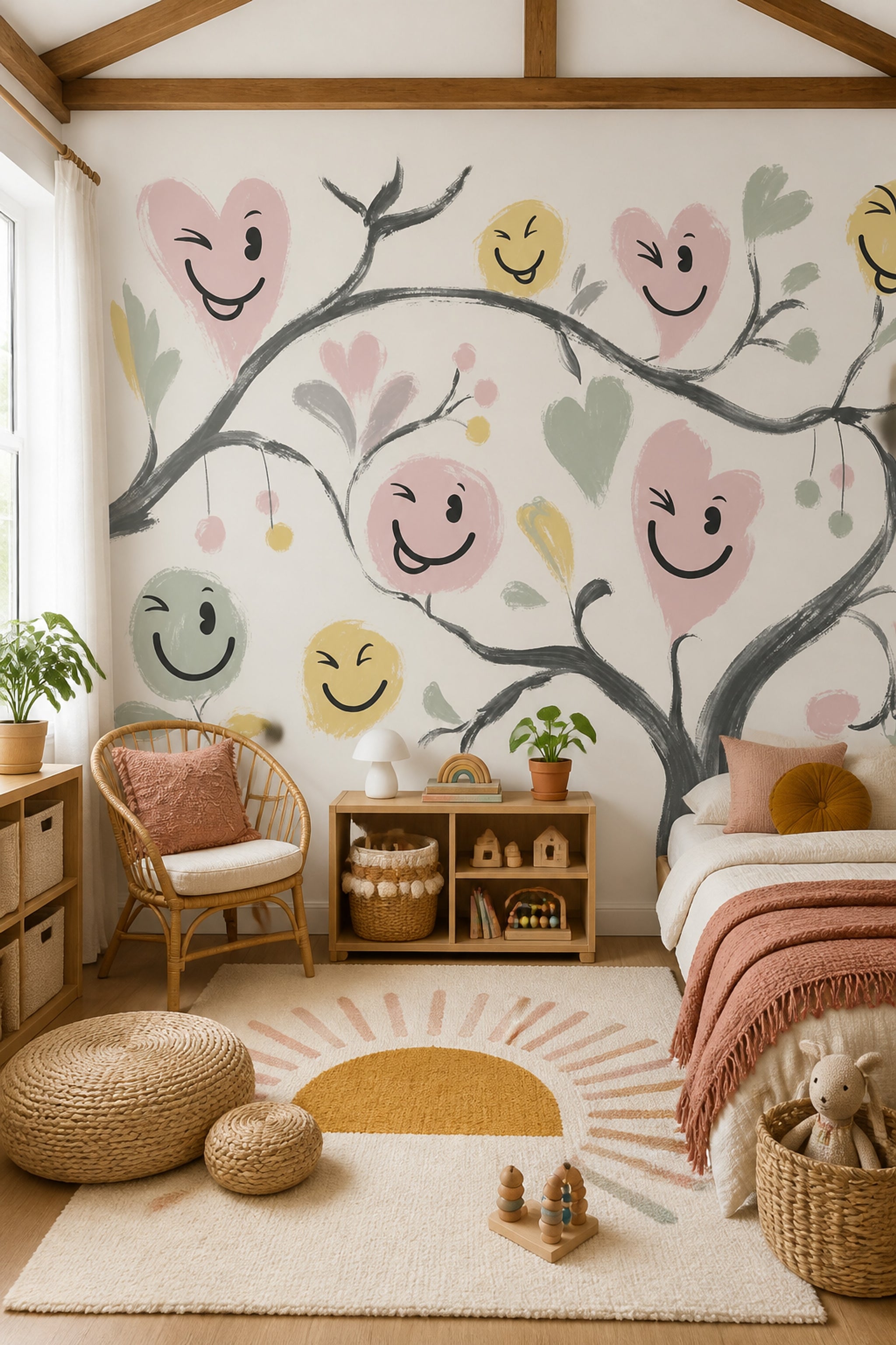 Whimsical Floral Wallpaper Smiley Faces Heart Flowers Wall Mural