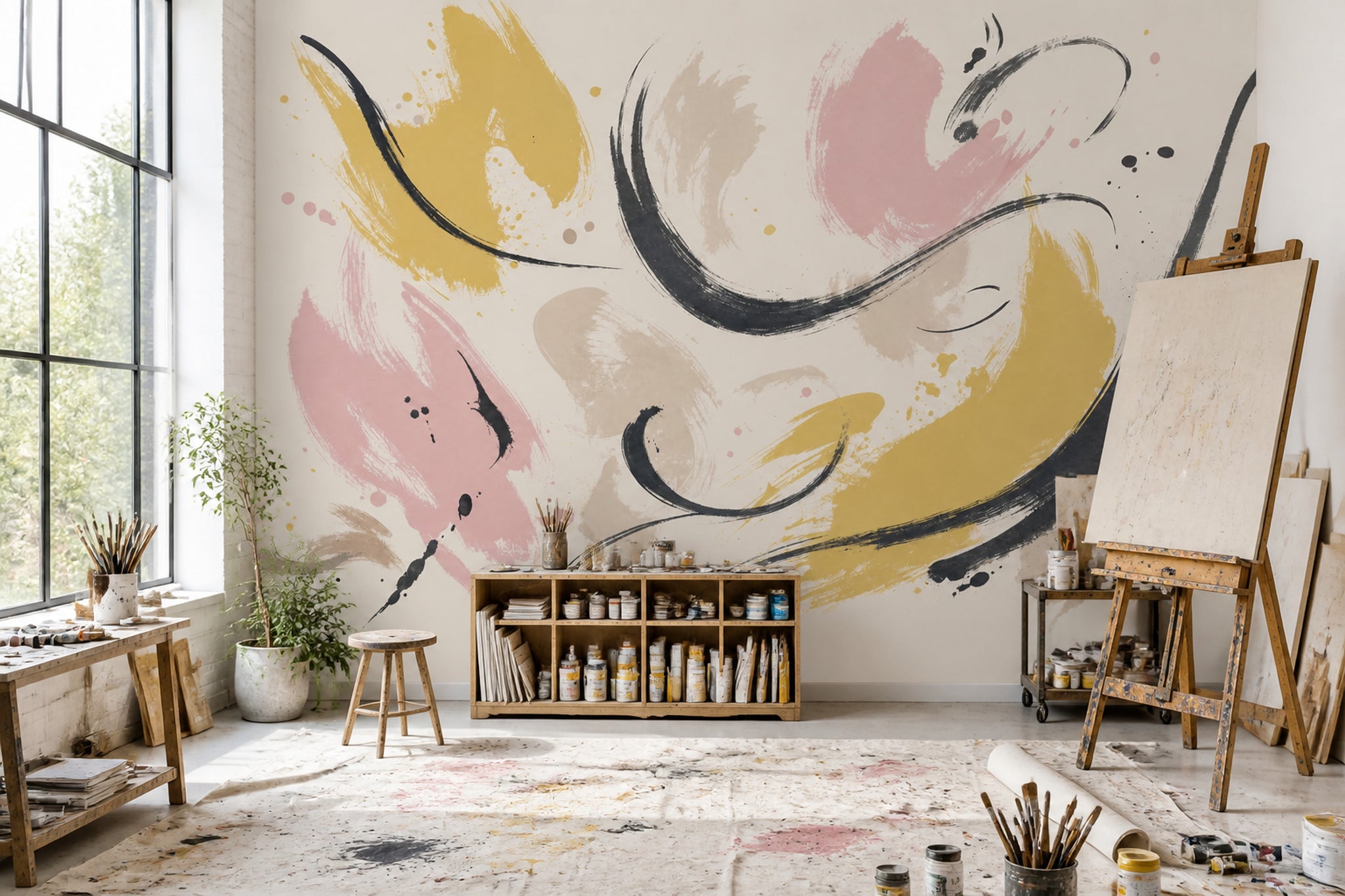 Abstract Wallpaper Brushstrokes Removable Calligraphic Wall Decor