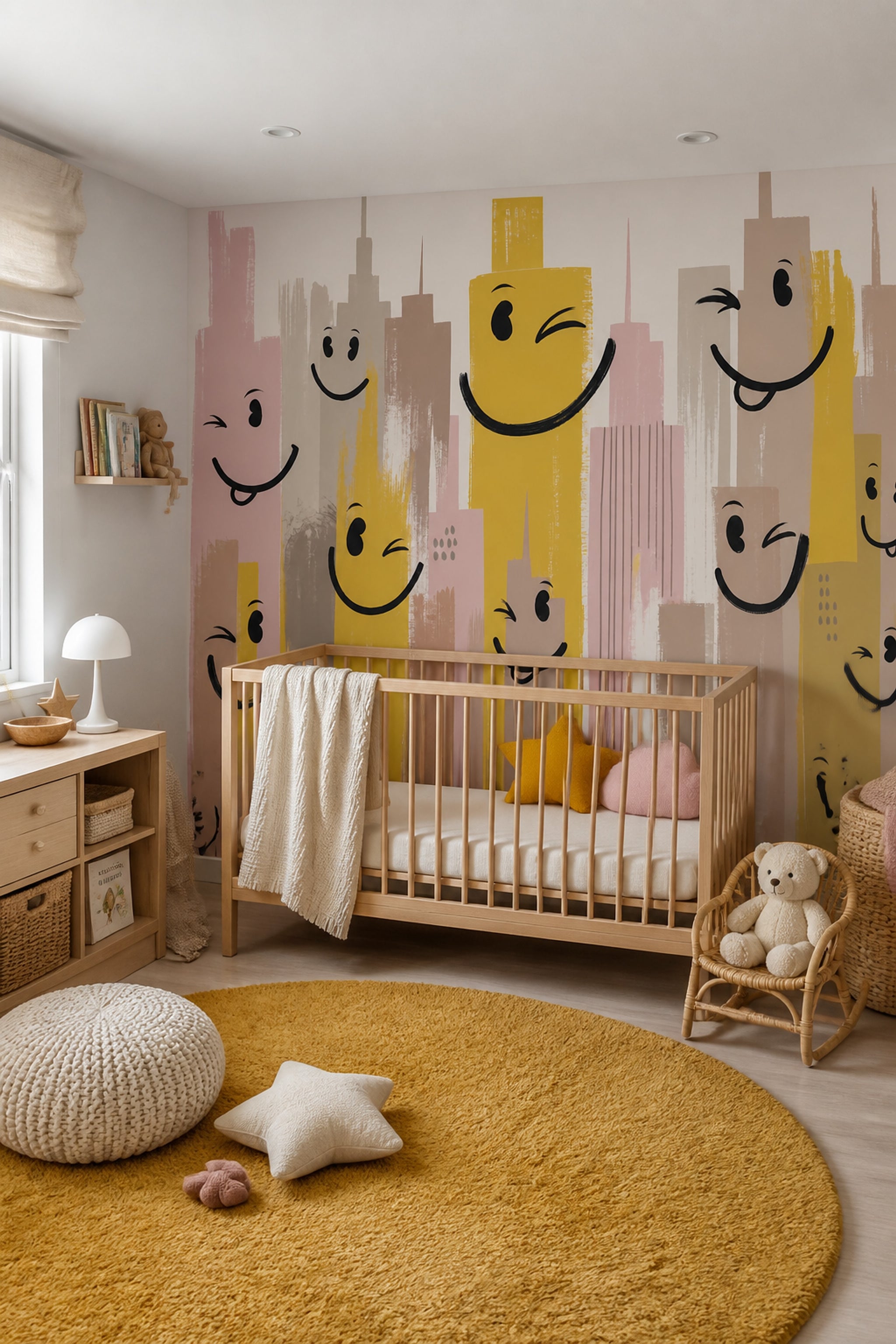 Playful Cityscape Wallpaper Smiling Buildings Whimsical Wallpaper Removable Wall Decor