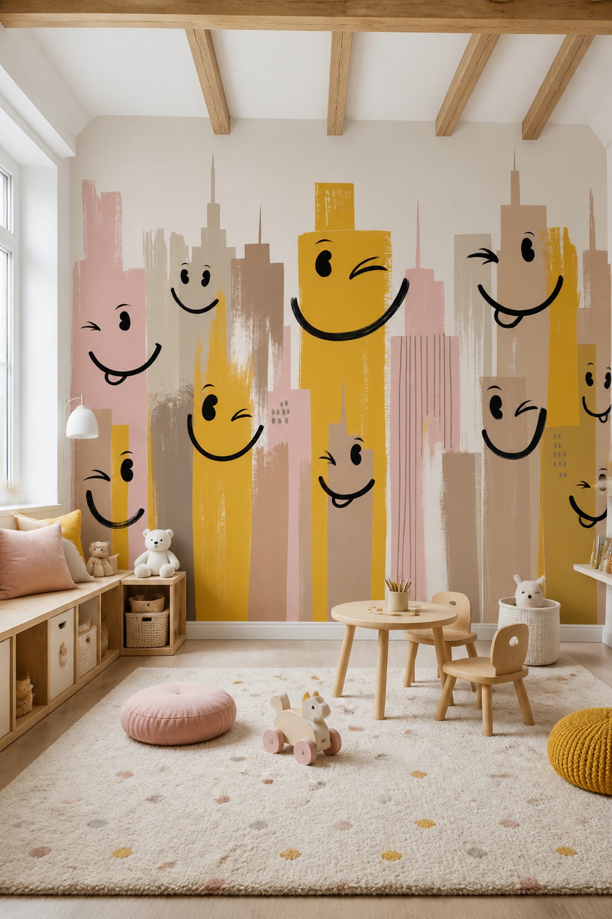 Playful Cityscape Wallpaper Smiling Buildings Whimsical Wallpaper Removable Wall Decor