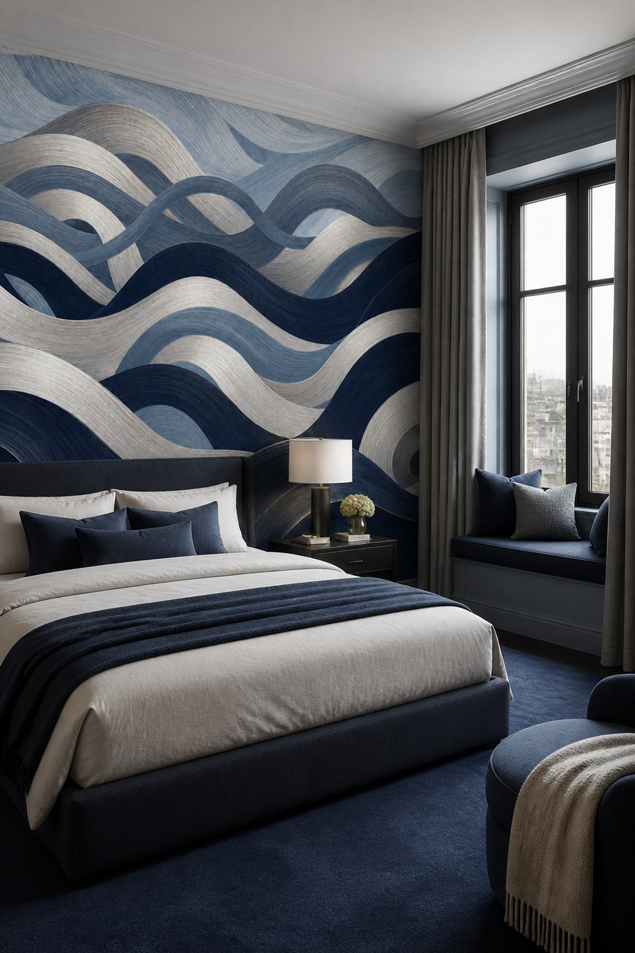 Abstract Waves Wallpaper Dark Navy Removable Coastal Wall Decor