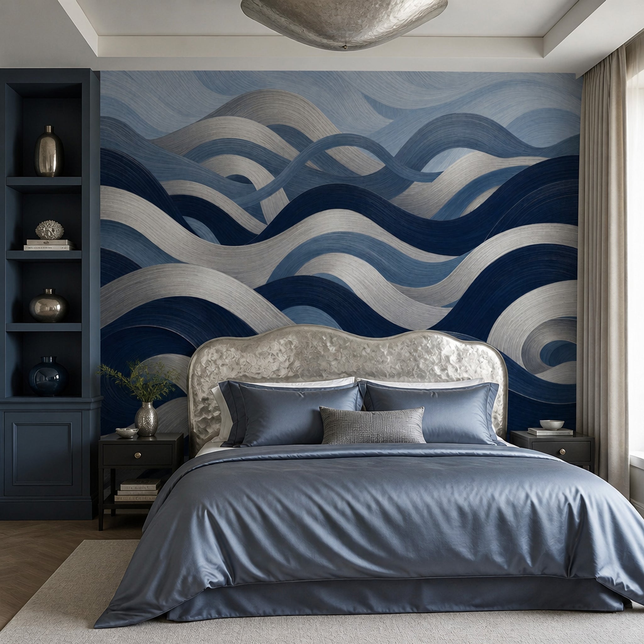 Abstract Waves Wallpaper Dark Navy Removable Coastal Wall Decor