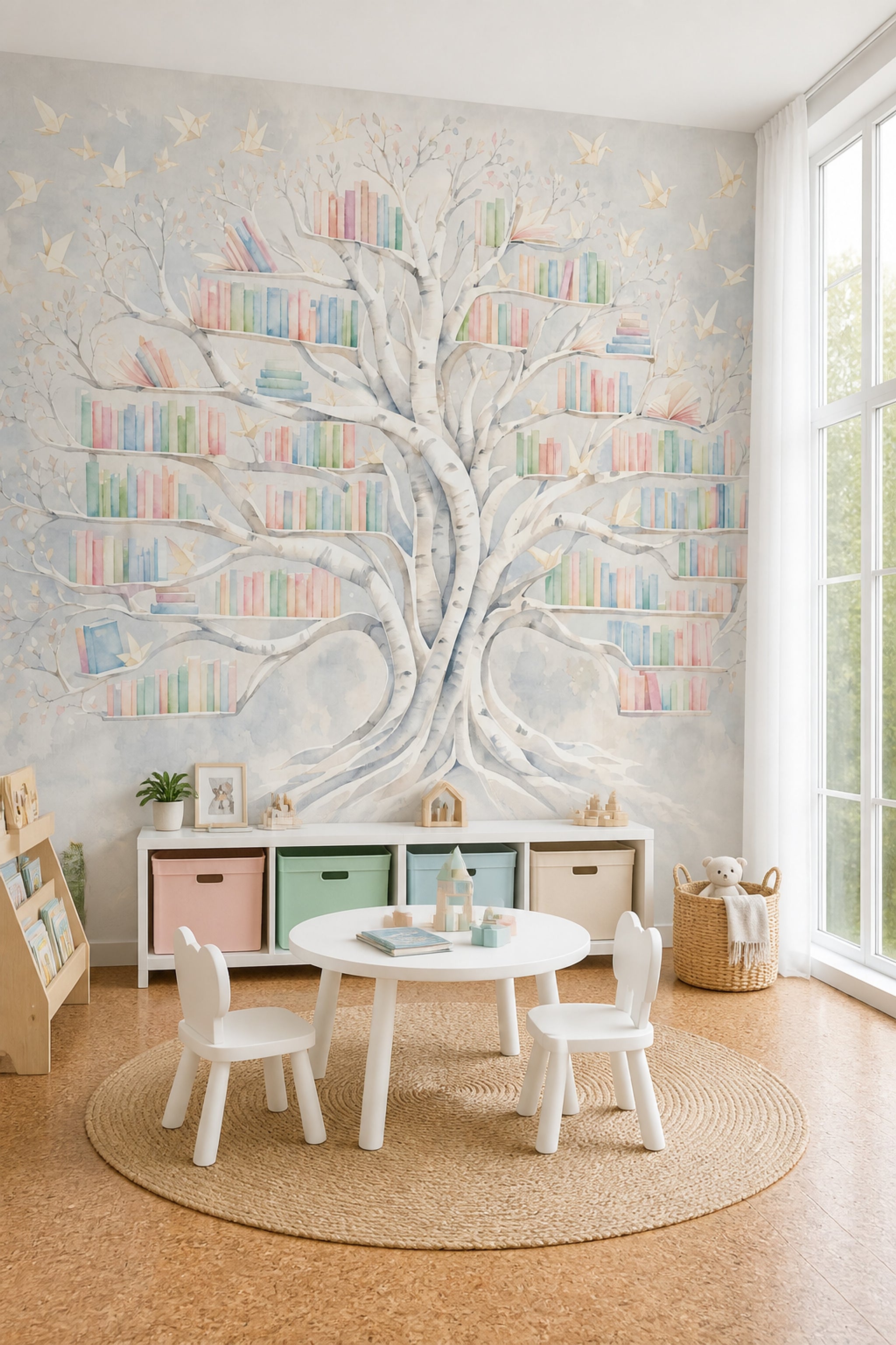 Watercolor Tree Wallpaper Bookshelf Whimsical Library Removable Wall Decor