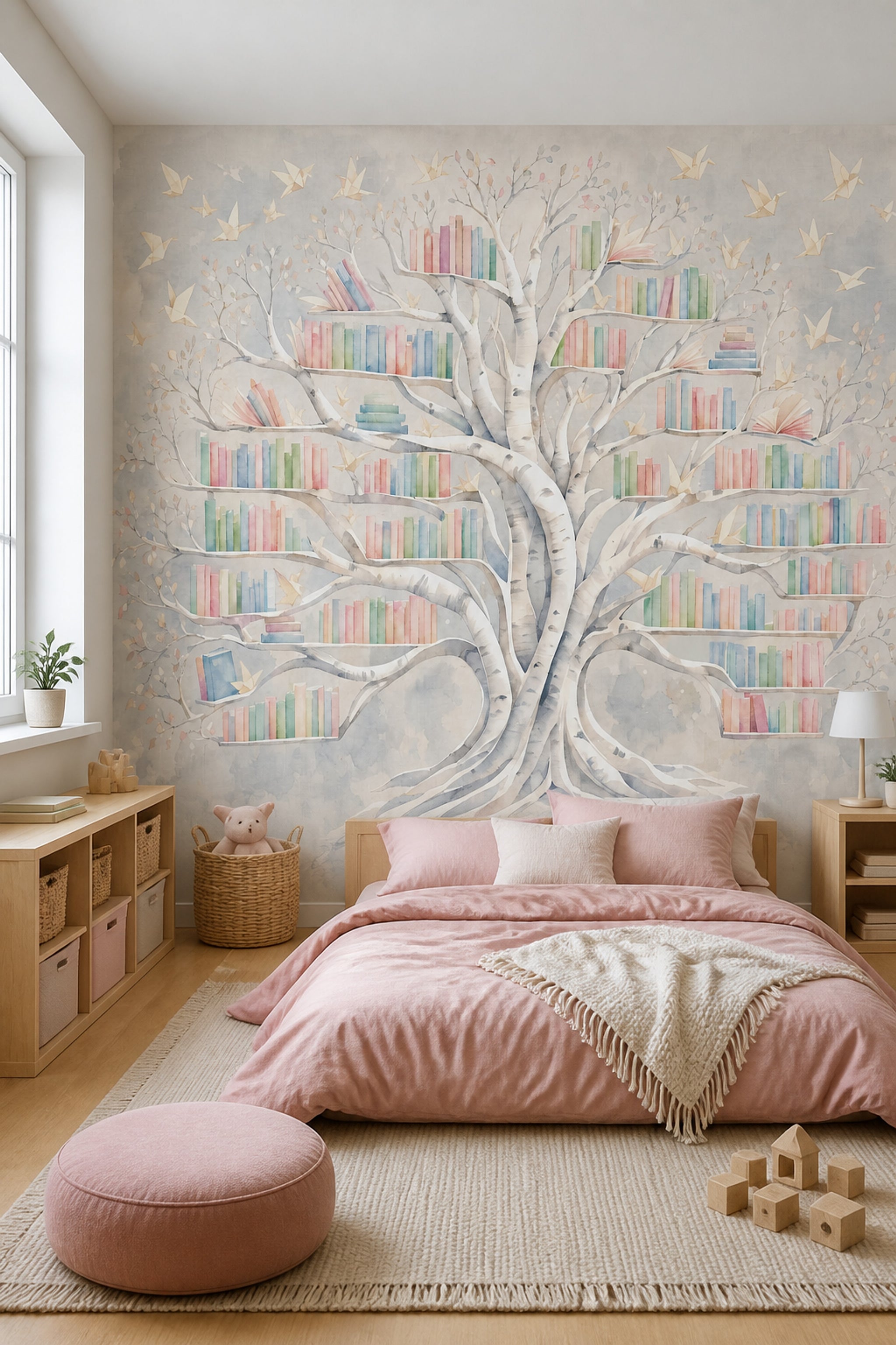 Watercolor Tree Wallpaper Bookshelf Whimsical Library Removable Wall Decor