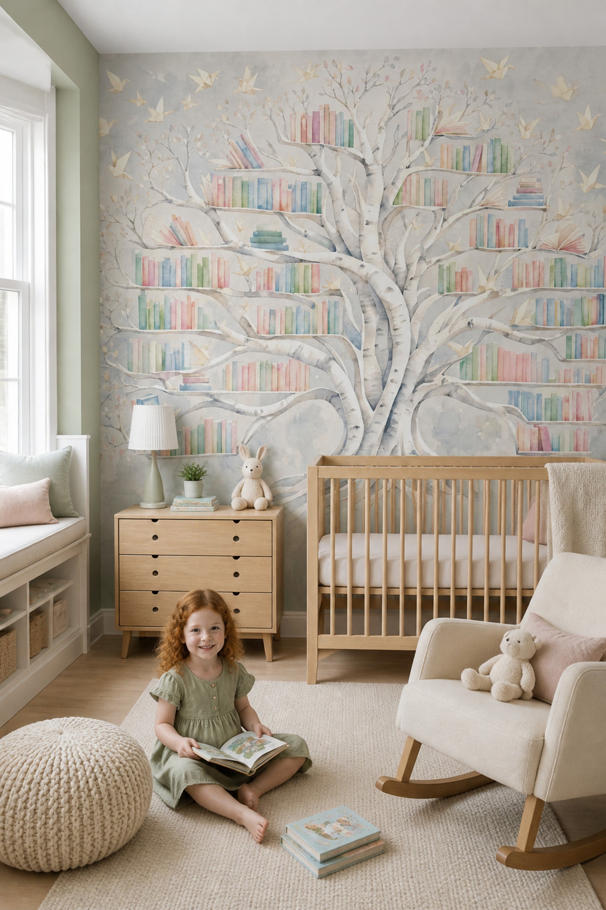 Watercolor Tree Wallpaper Bookshelf Whimsical Library Removable Wall Decor