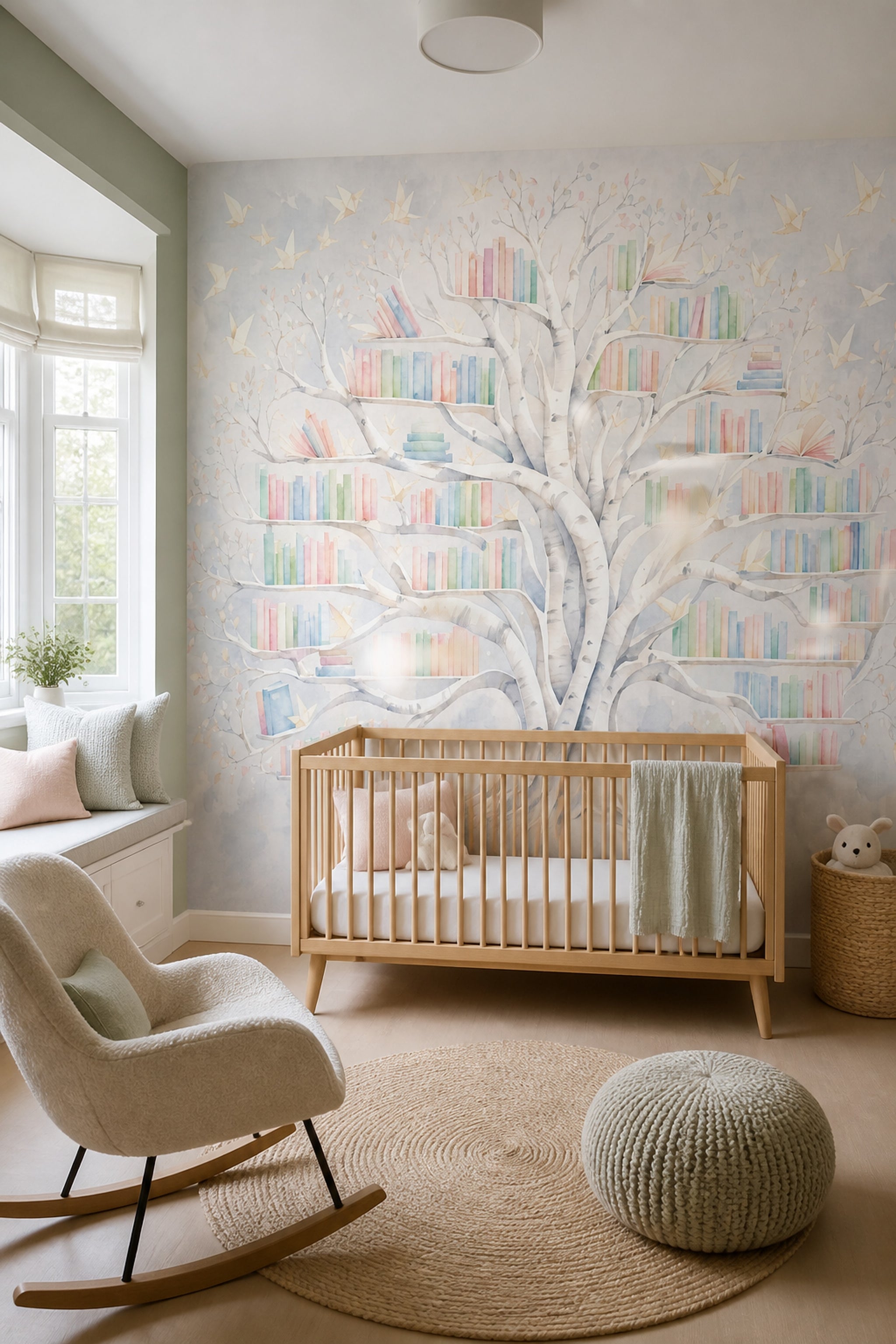 Watercolor Tree Wallpaper Bookshelf Whimsical Library Removable Wall Decor