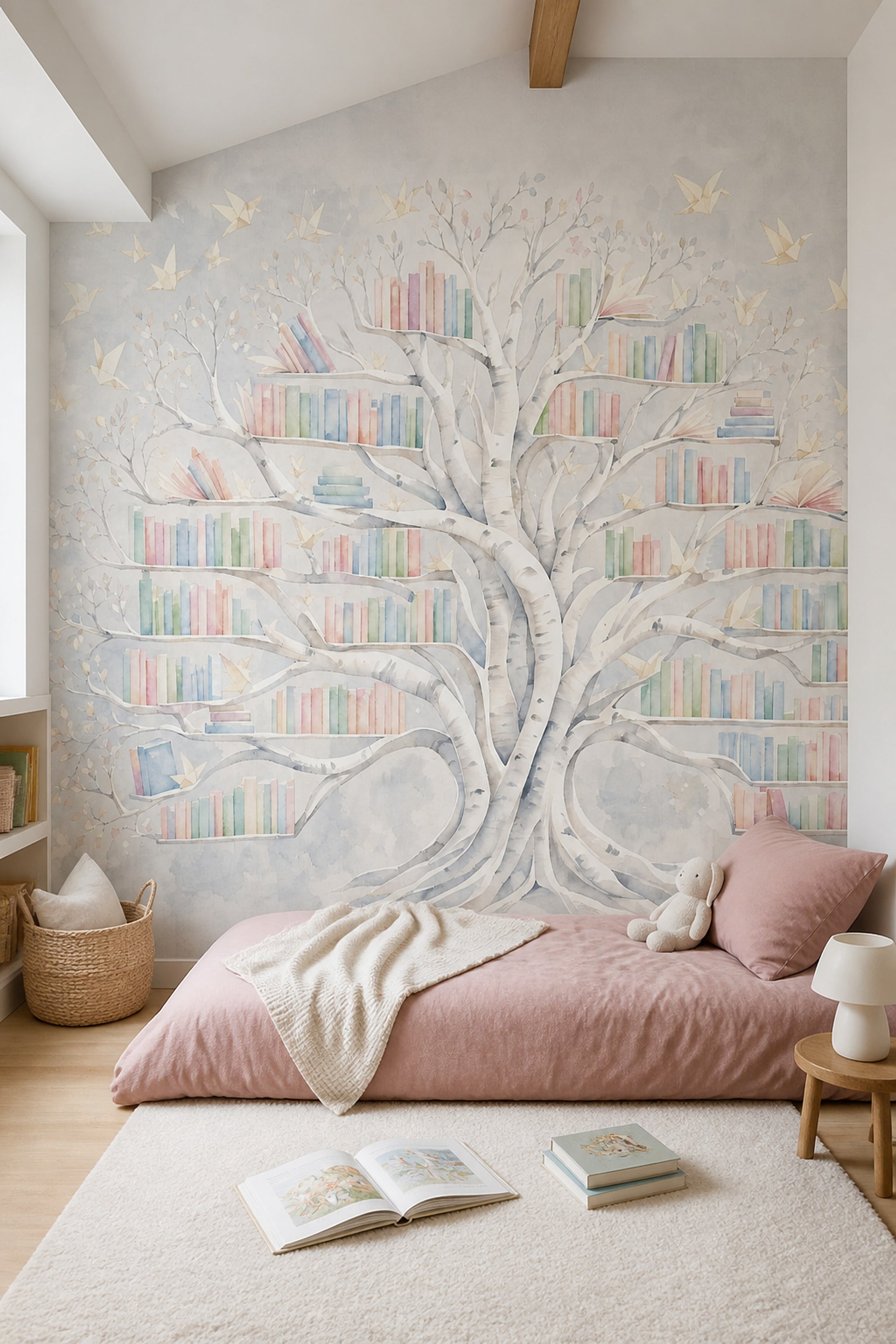 Watercolor Tree Wallpaper Bookshelf Whimsical Library Removable Wall Decor