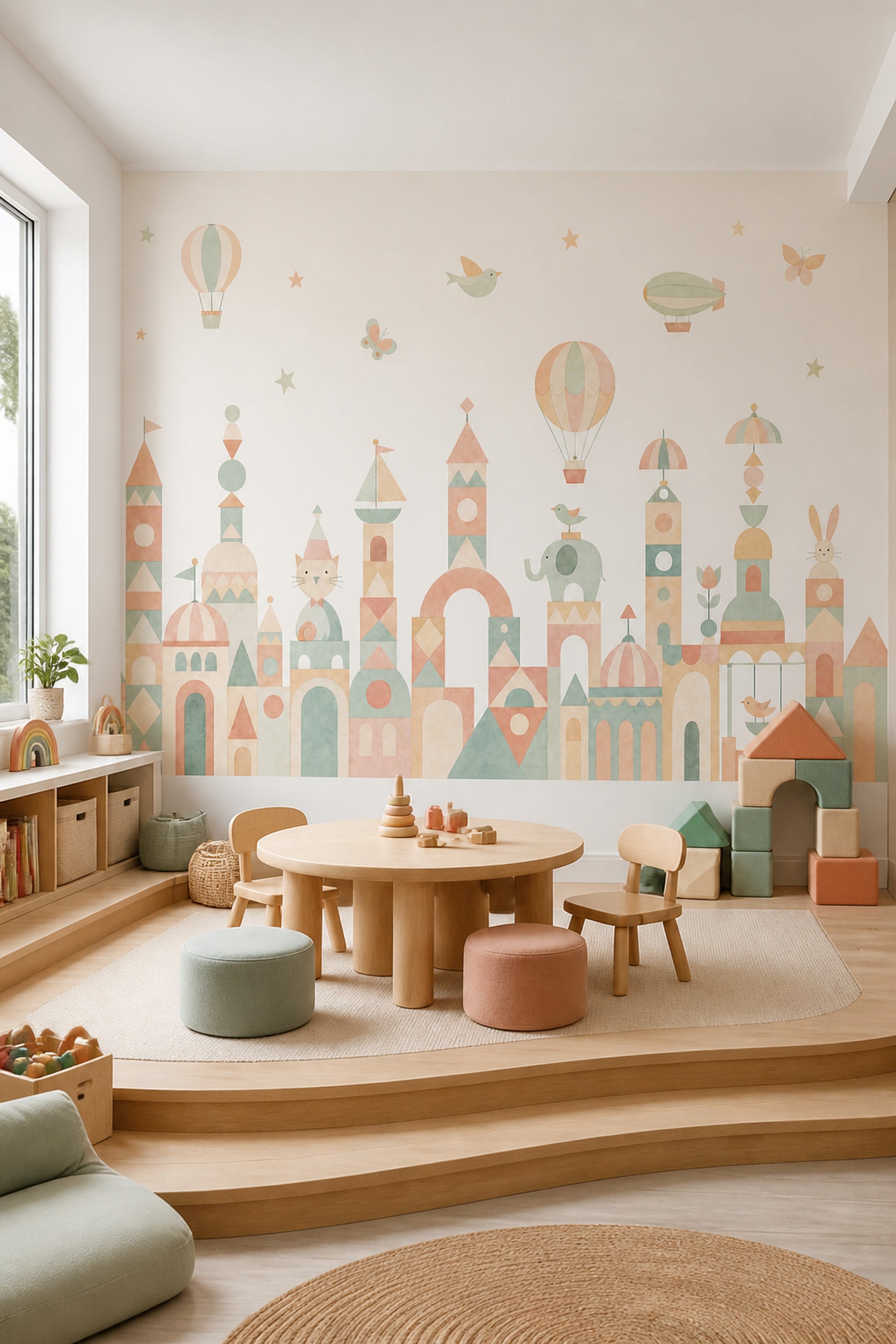 Pastel Cityscape Wallpaper Nursery Wallpaper Removable Hot Air Balloons Wall Decor